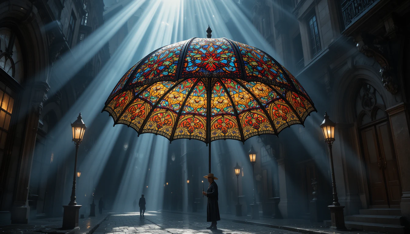 Gothic stained glass umbrella on a dark wet cobblestone street