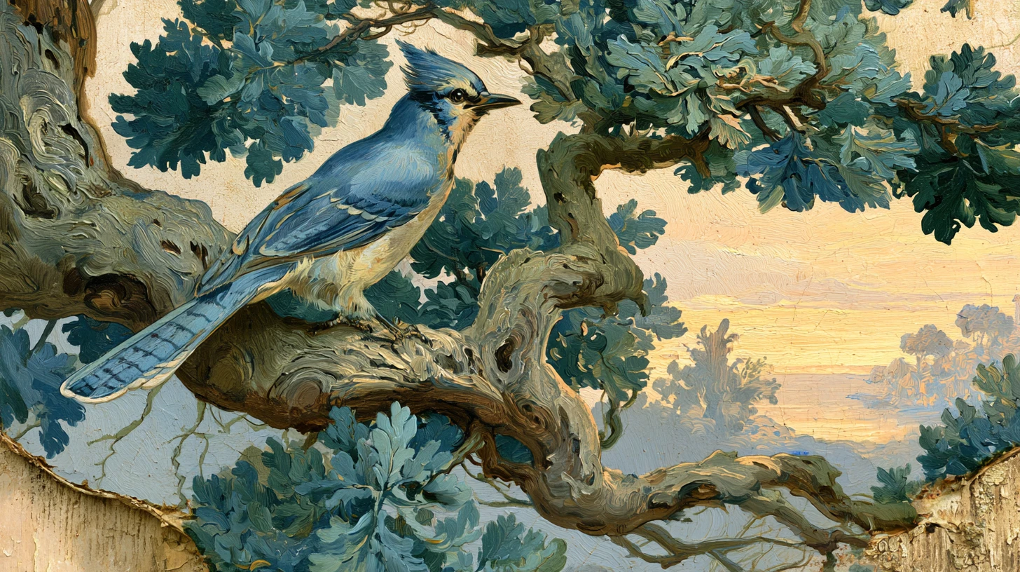 Gaio-azul em galho de carvalho antigo em pintura a óleo vintage