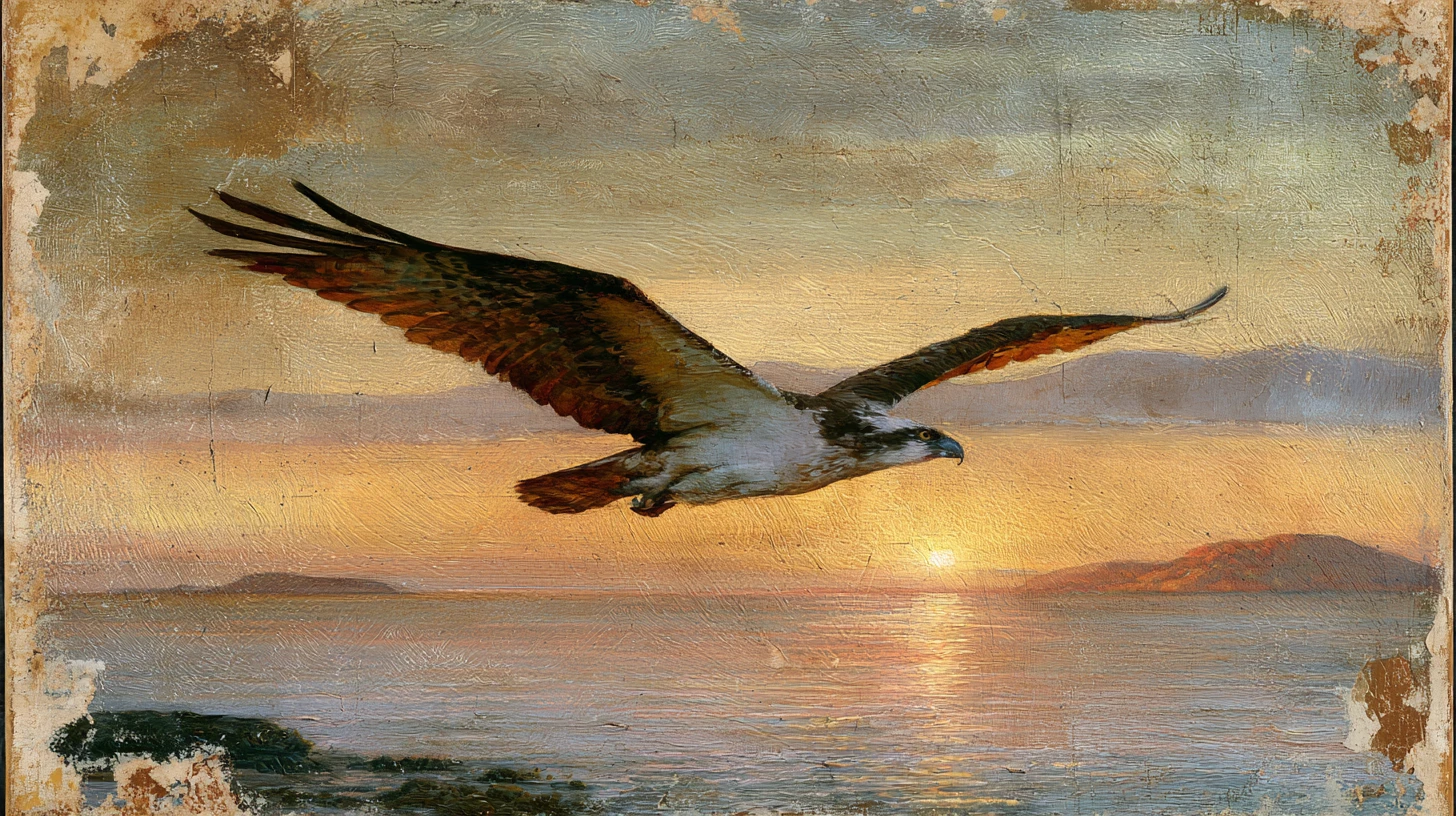 Águia-pesqueira Planando Sobre o Oceano em Céu de Pôr do Sol Brilhante
