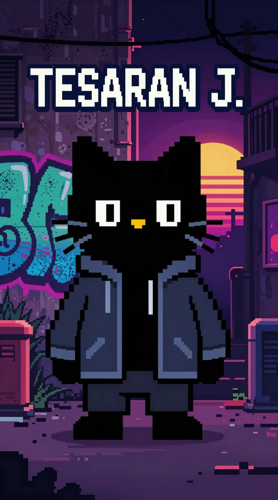 Gato Preto Antropomórfico em Beco de Neon em Pixel Art