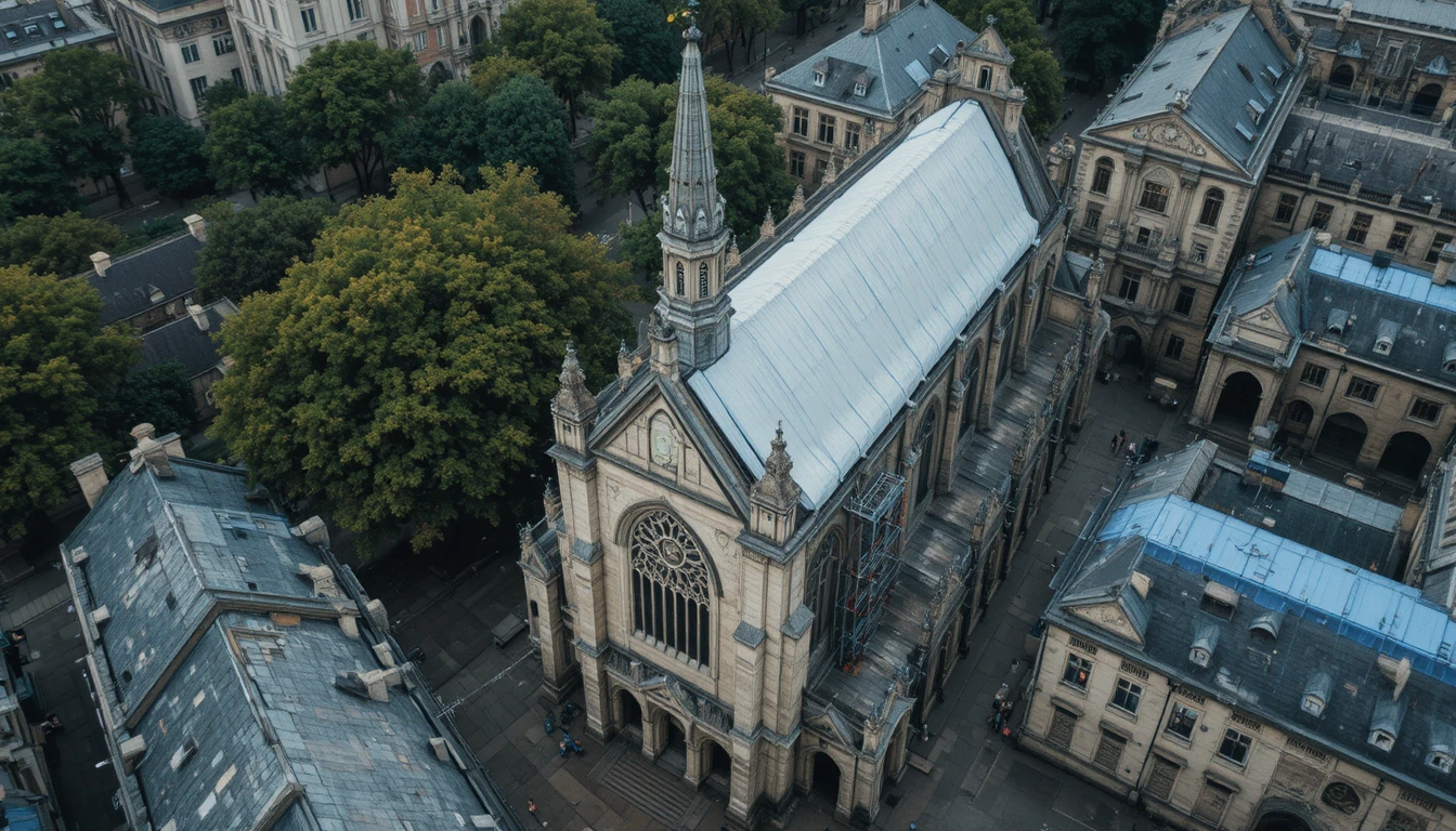 Luftaufnahme einer gotischen Kathedrale zwischen historischen Stadtdächern