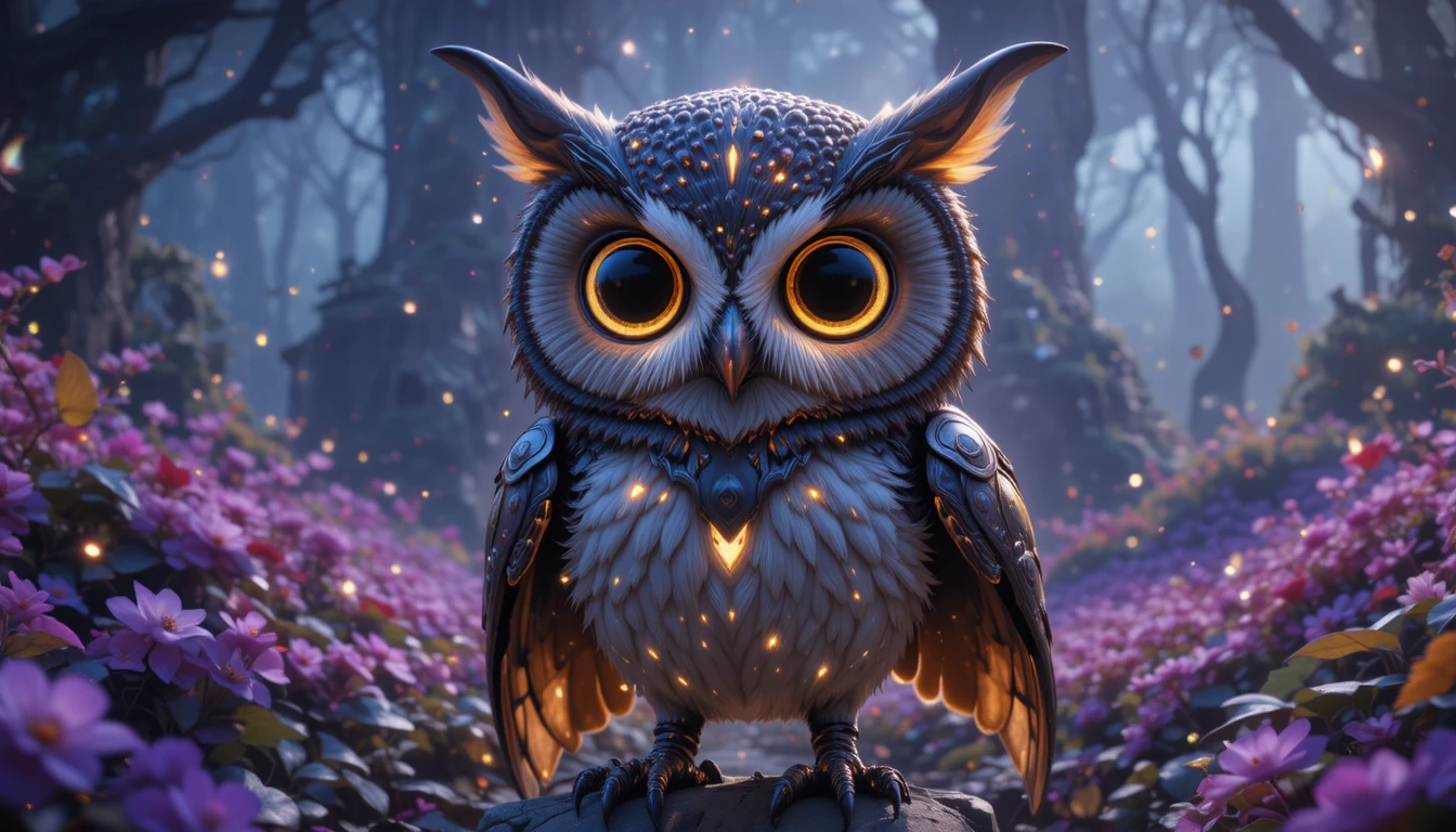 Riesige mystische Eulenwächterin im leuchtenden Fantasy-Garten