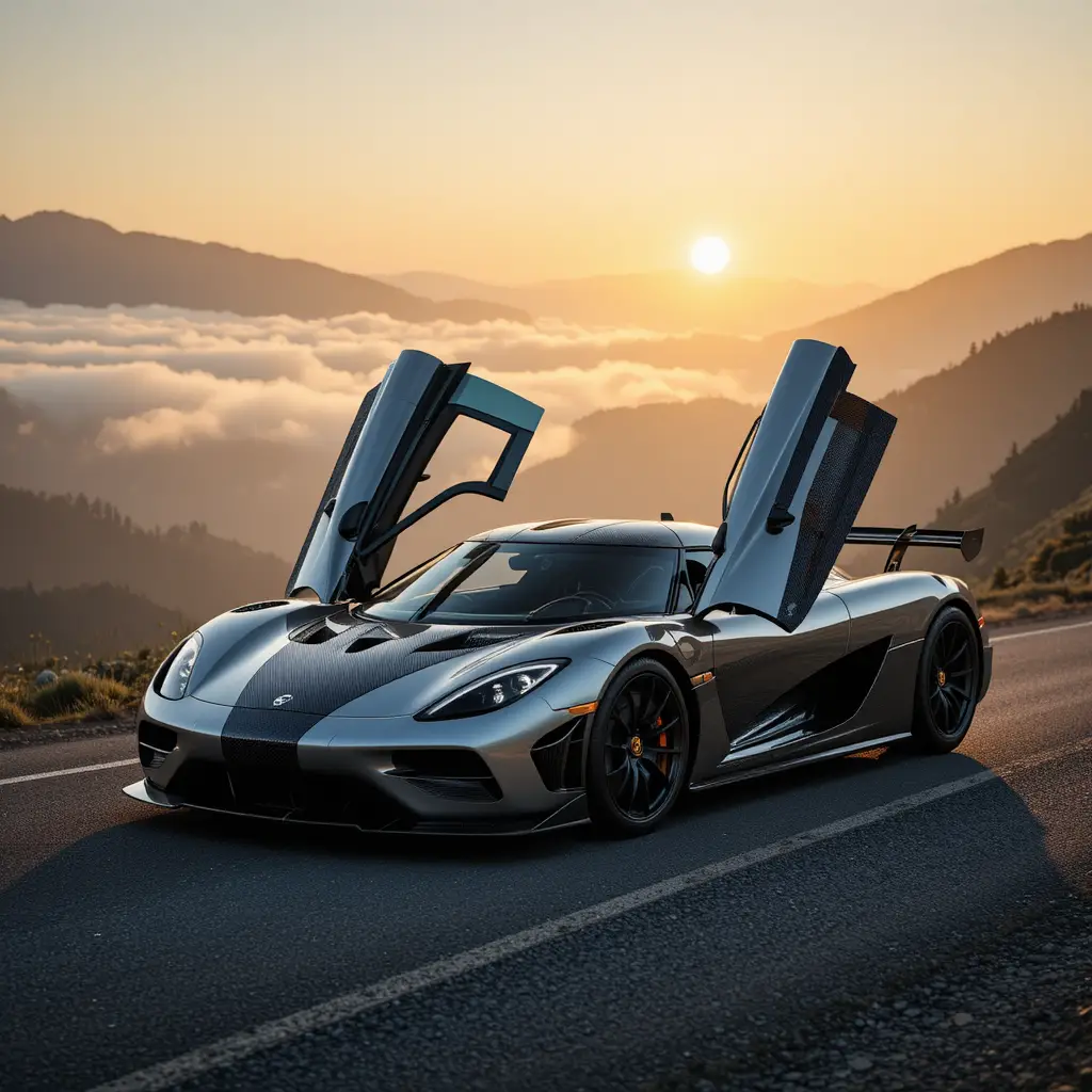 Silver hypercar on empty mountain road at sunrise