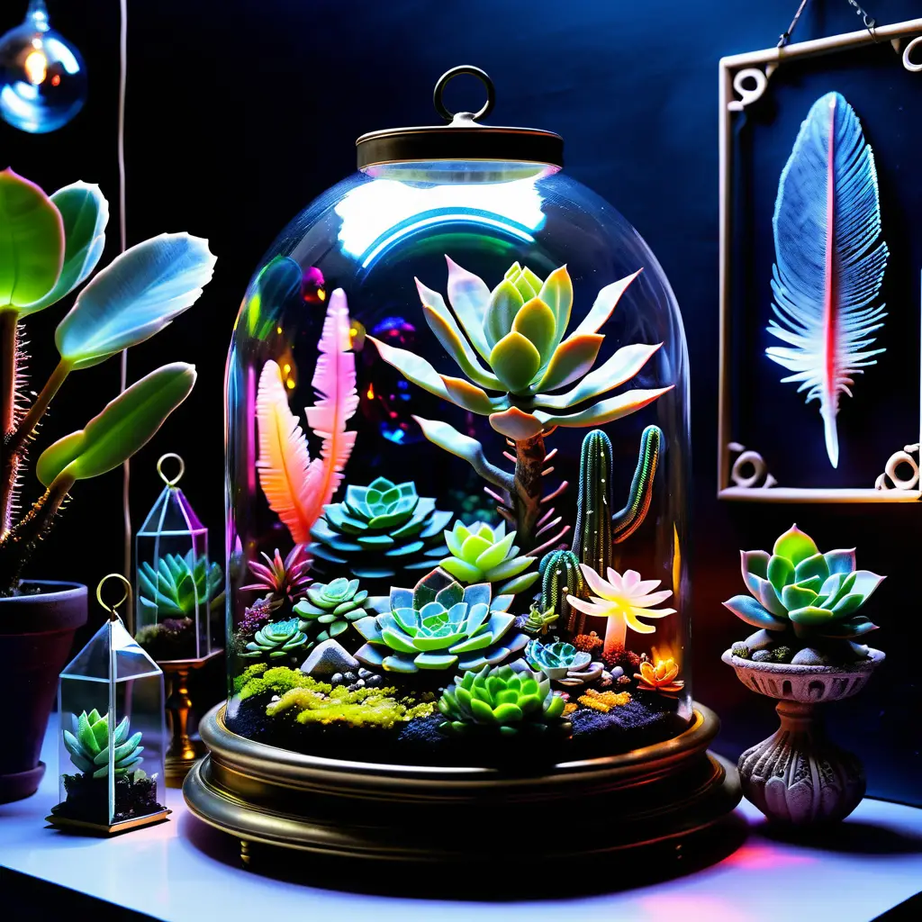 Mystical glass terrarium filled with glowing succulents