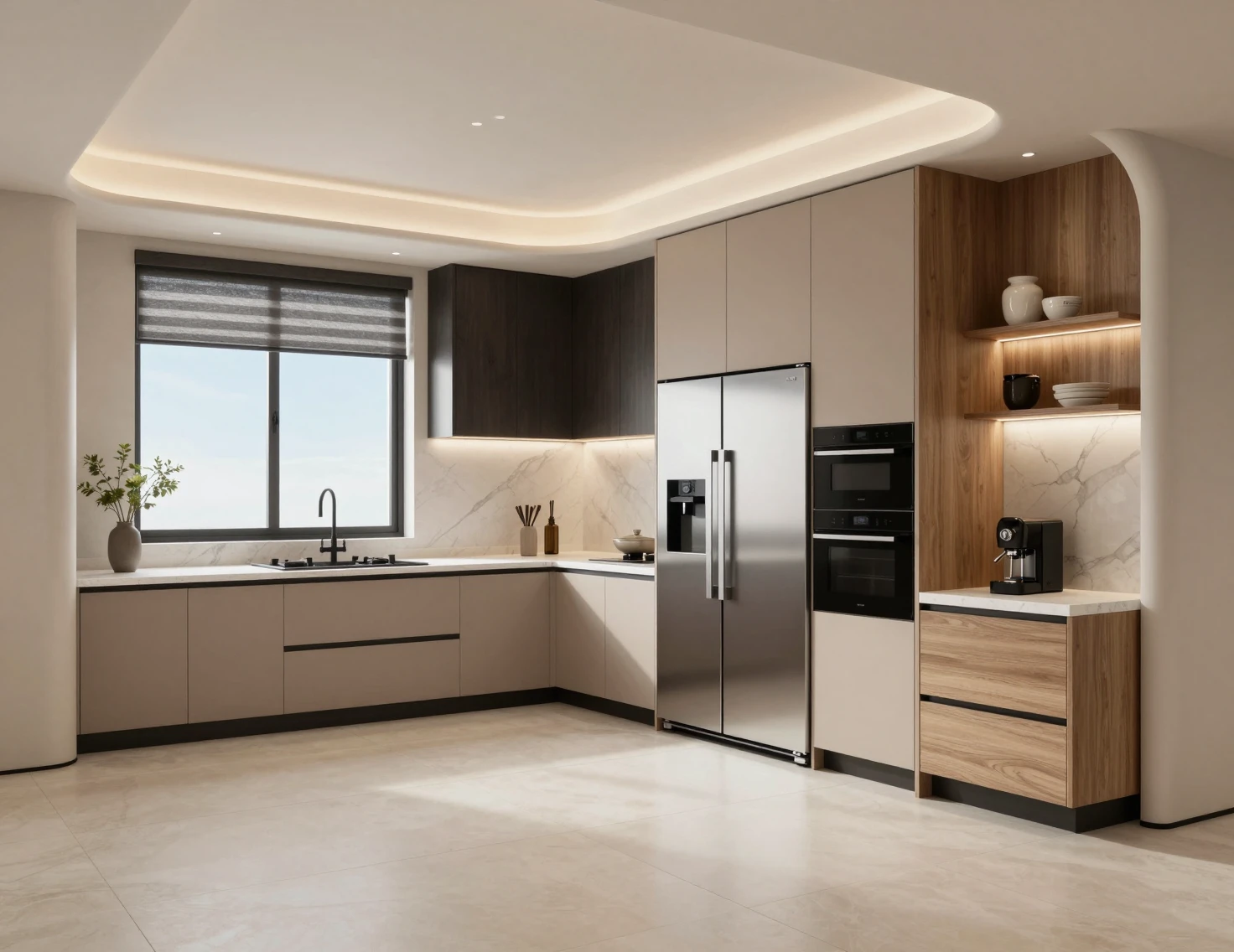 Cozinha escandinava moderna em U com design minimalista e aconchegante