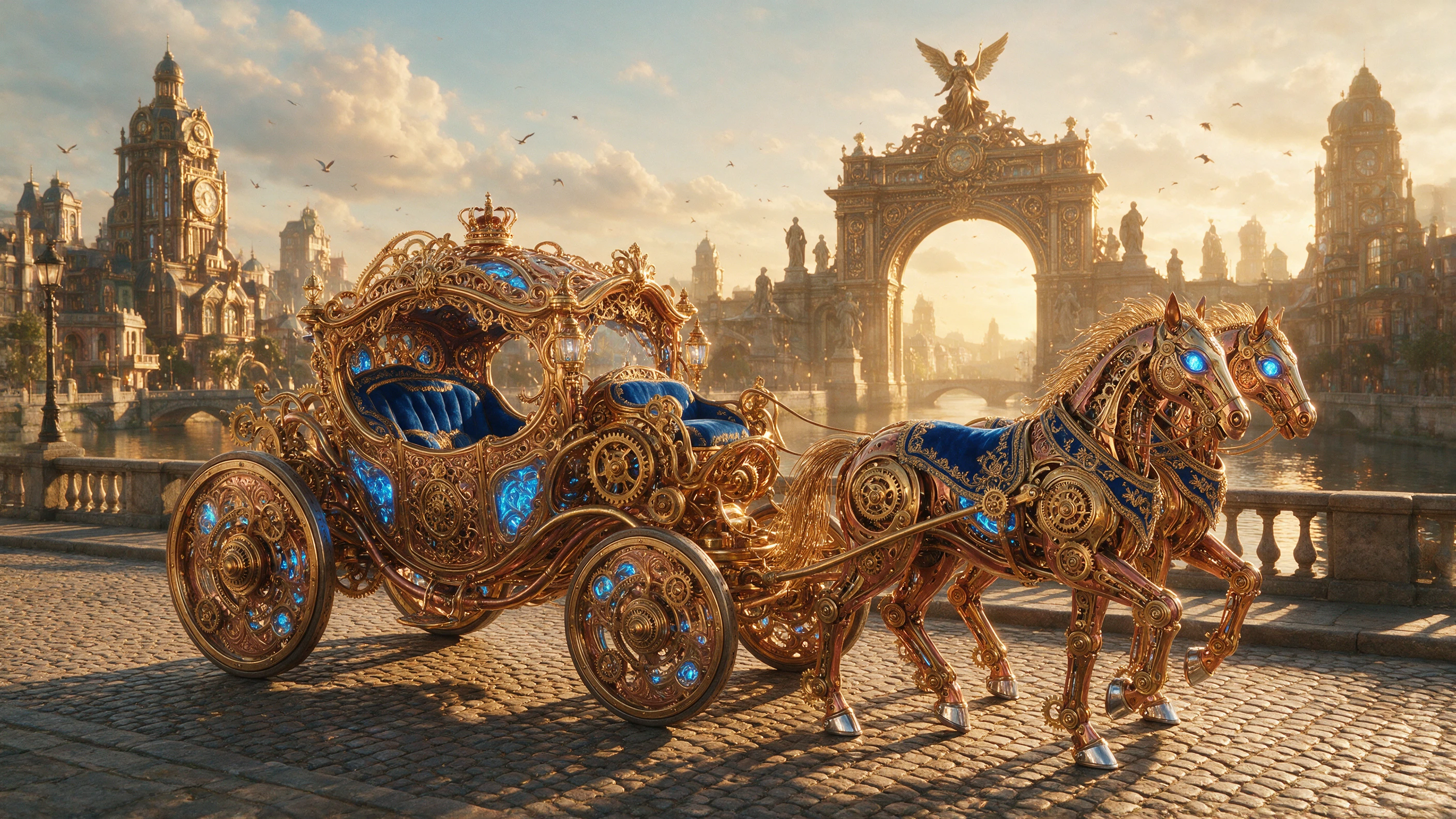 Futuristic clockwork carriage crossing a grand riverside city