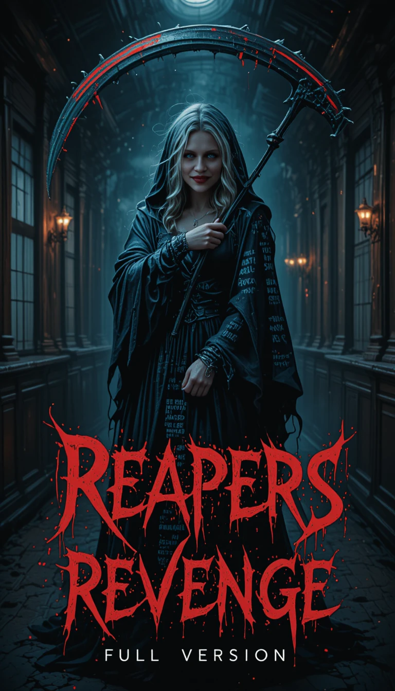 Hooded woman with scythe in dark gothic ballroom