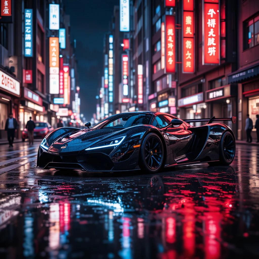 Hypercar noire futuriste dans une rue pluvieuse de Tokyo la nuit