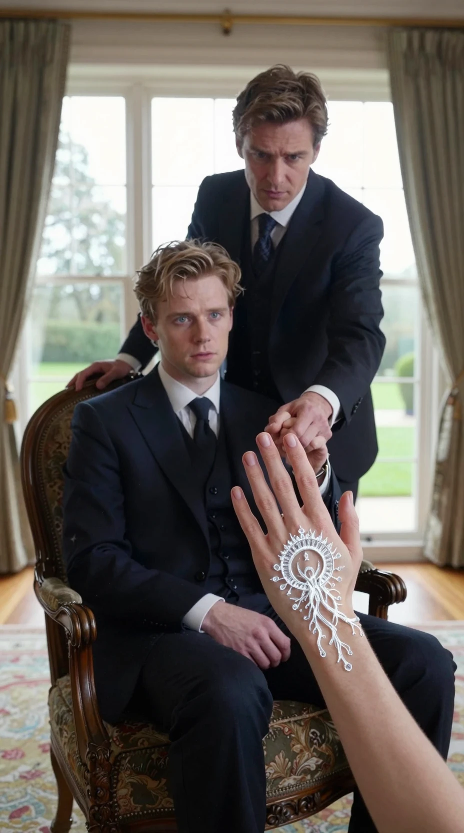 Mysterious portrait of two figures in an elegant lounge