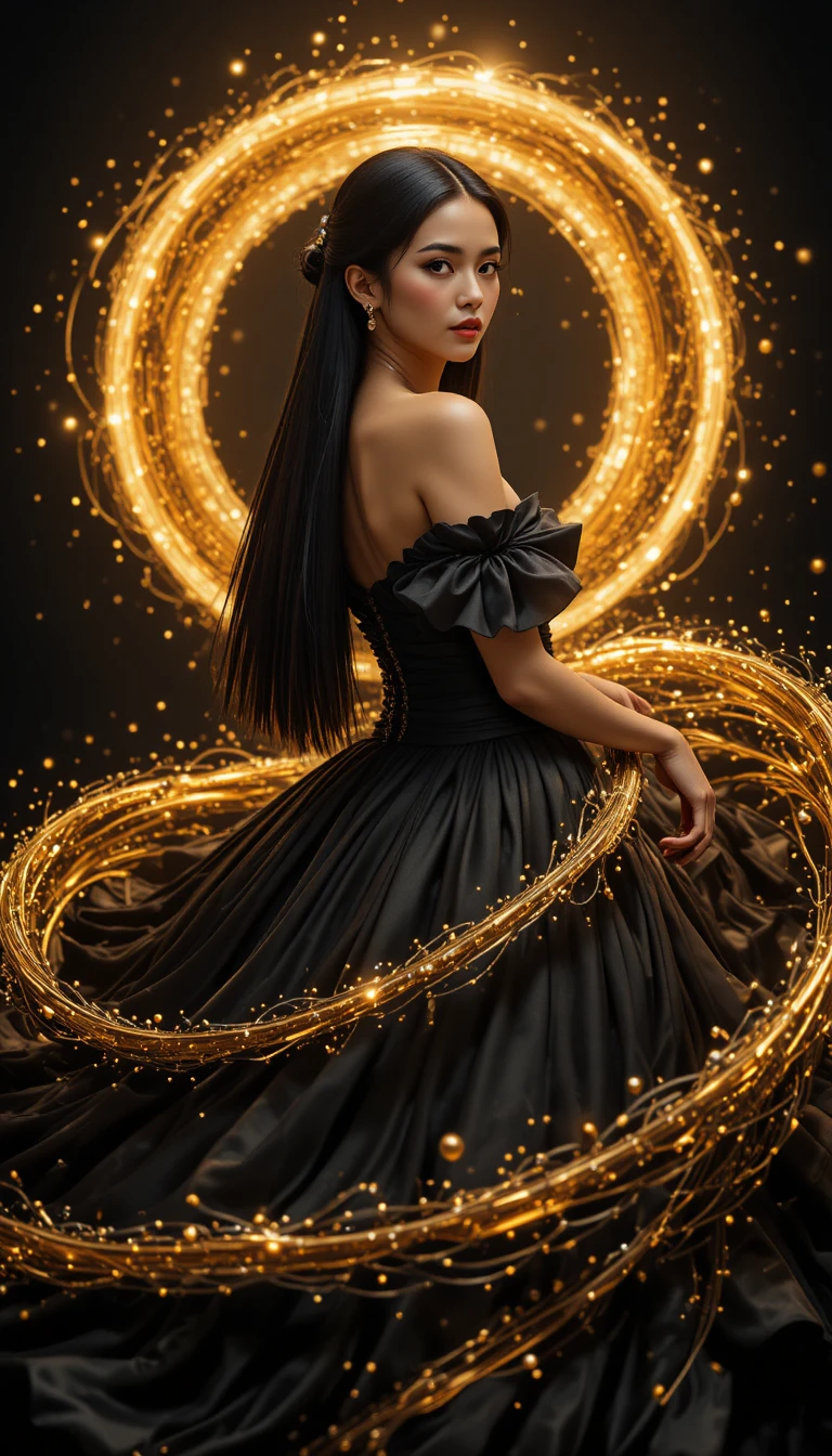 Mujer elegante con vestido negro y fluidos detalles dorados