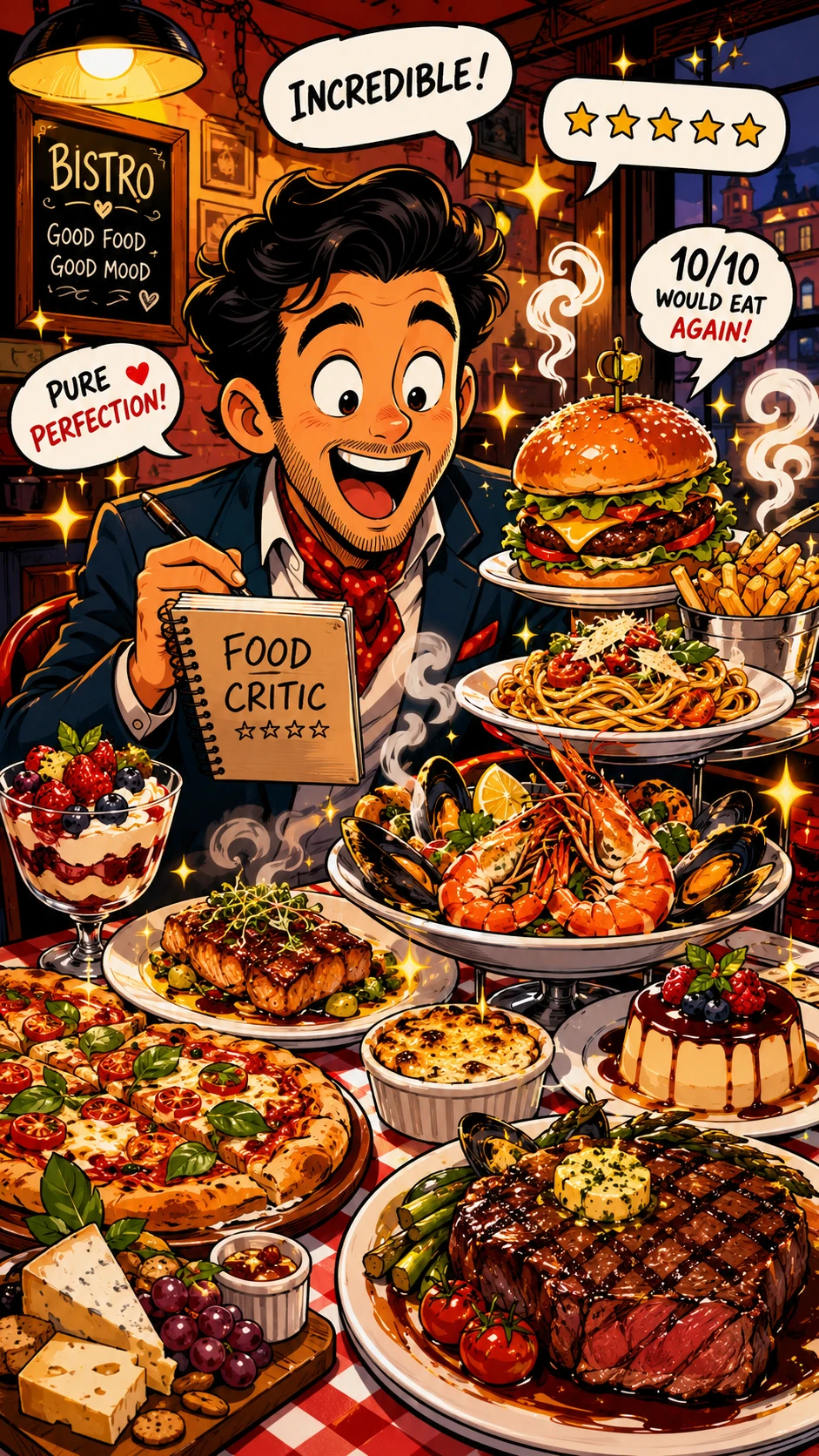 Excited food critic surrounded by towering gourmet dishes