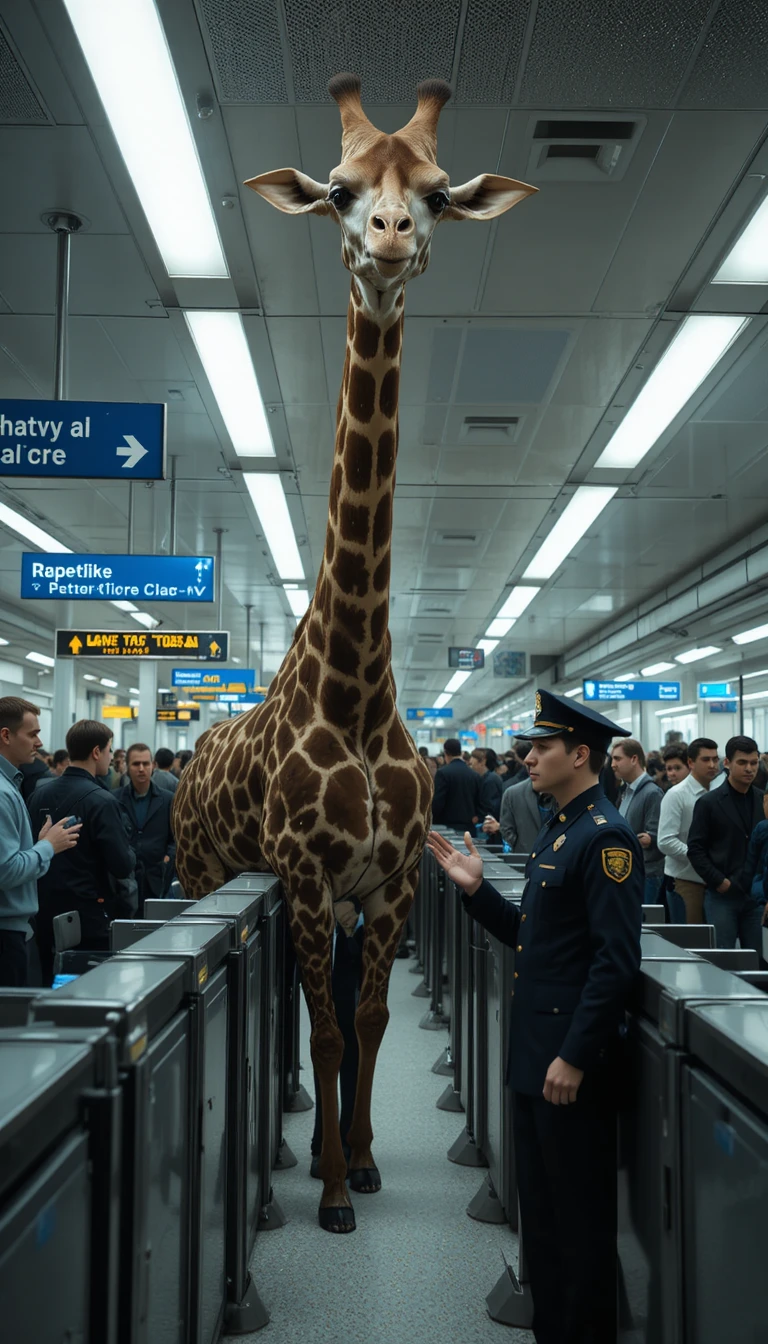Girafe peinant au contrôle des passeports à l’aéroport