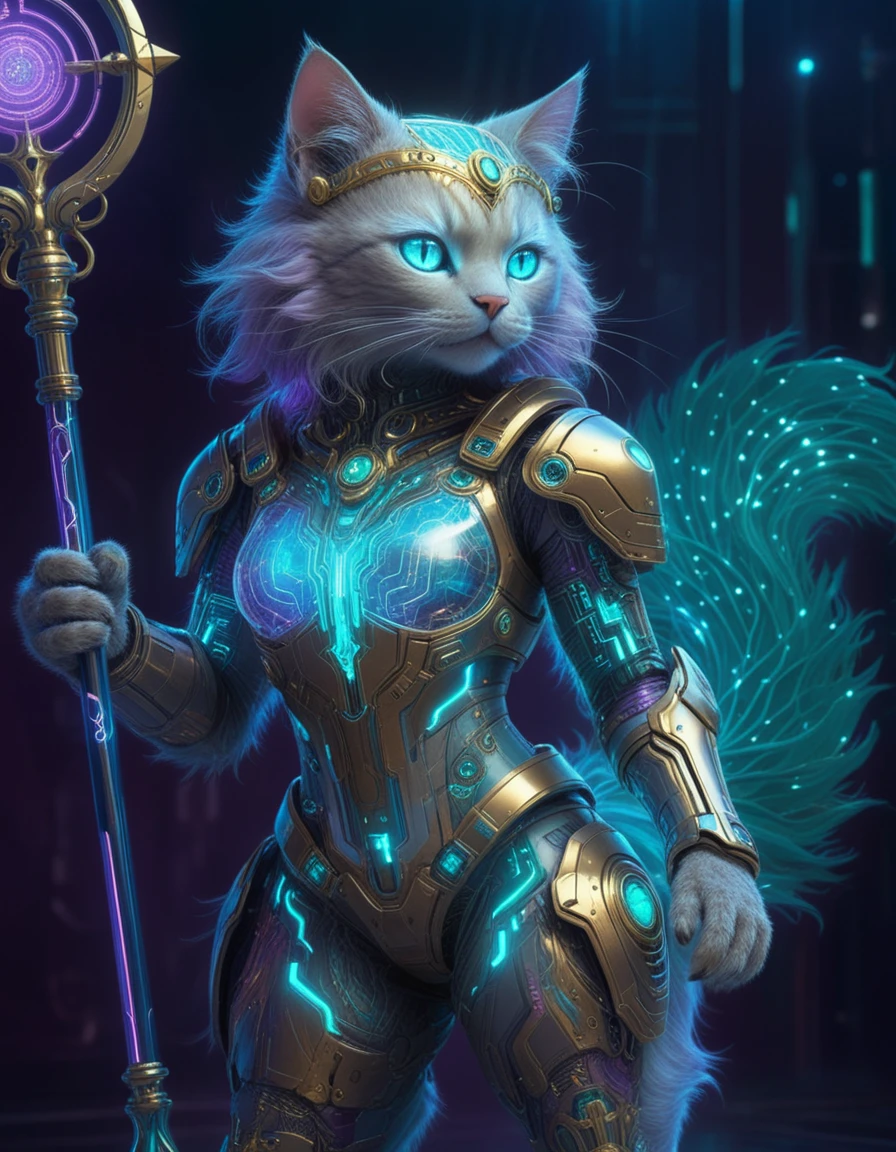 Kybernetische Katzen-Hybride im leuchtenden Sci‑Fi-Exoskelett