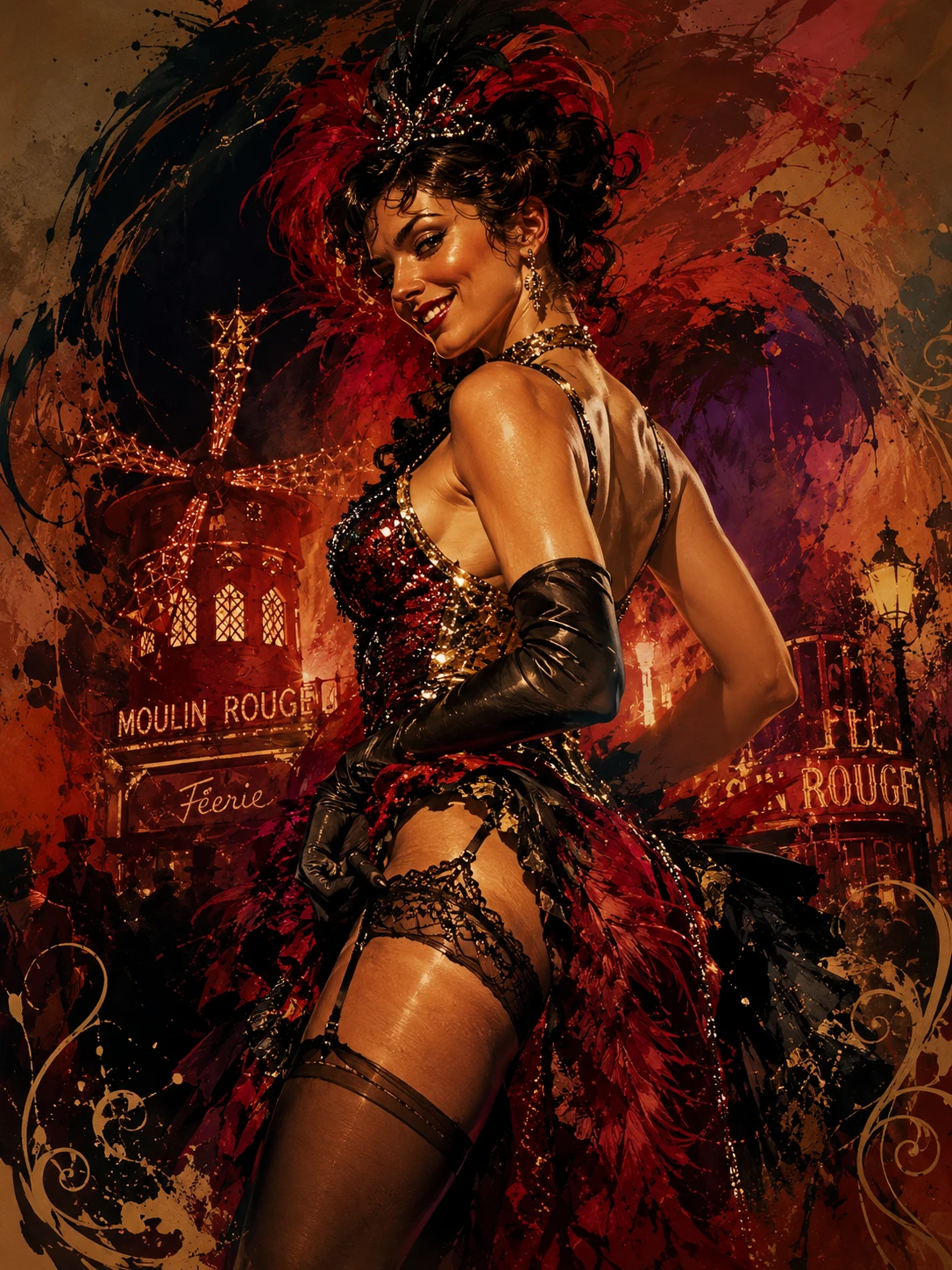 Moulin-Rouge-Showgirl posiert im warmen Scheinwerferlicht der Bühne