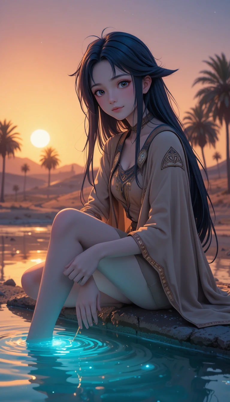 Garota de anime junto a um oásis brilhante ao crepúsculo tranquilo