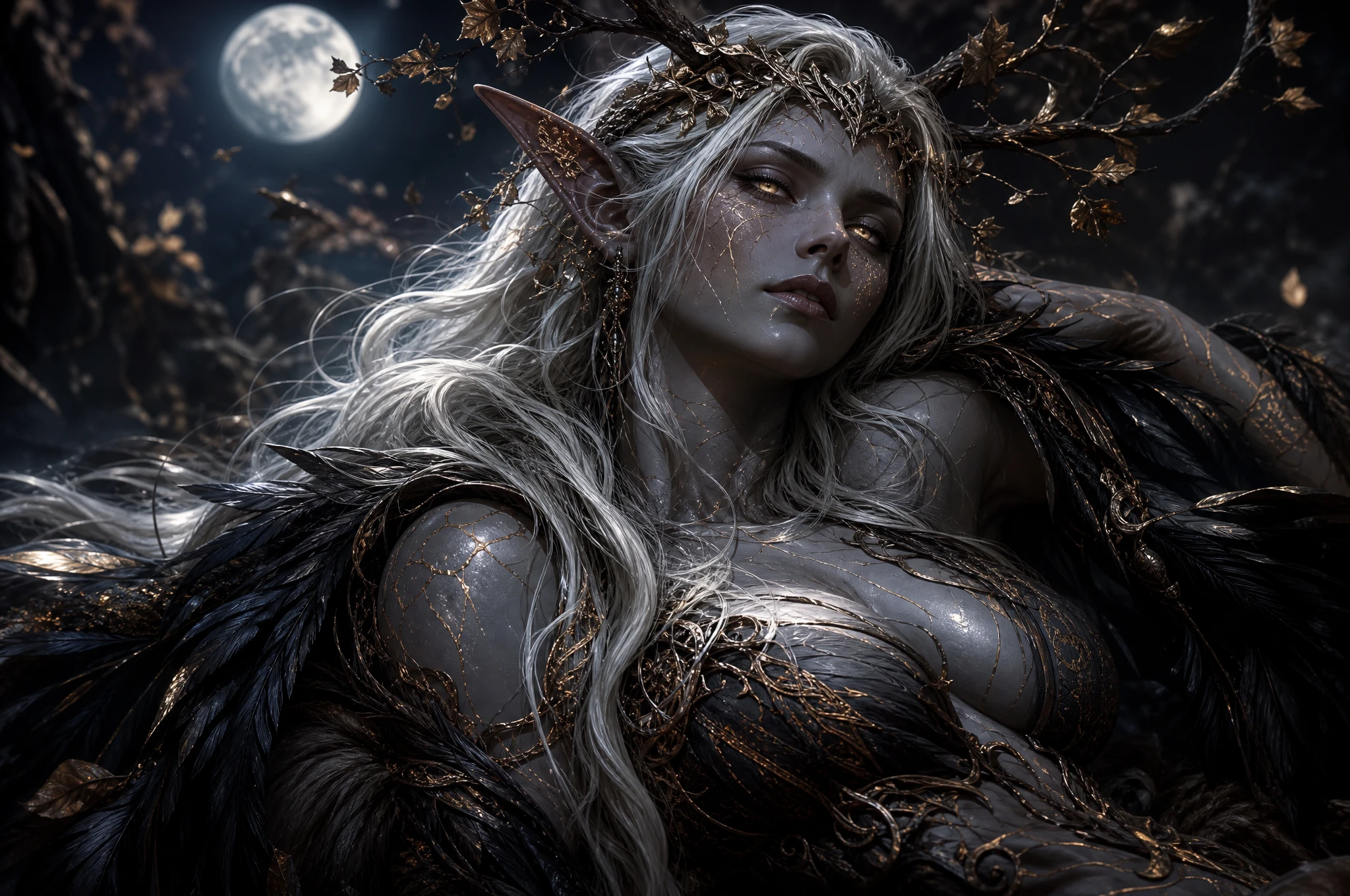 Dea elfa oscura distesa in una foresta fantasy illuminata dalla luna