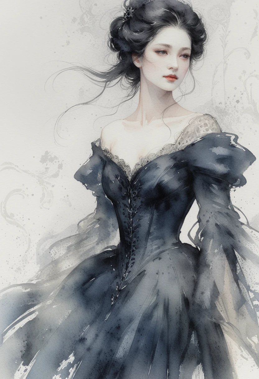 Retrato de mulher gótica vitoriana em vestido escuro e esvoaçante