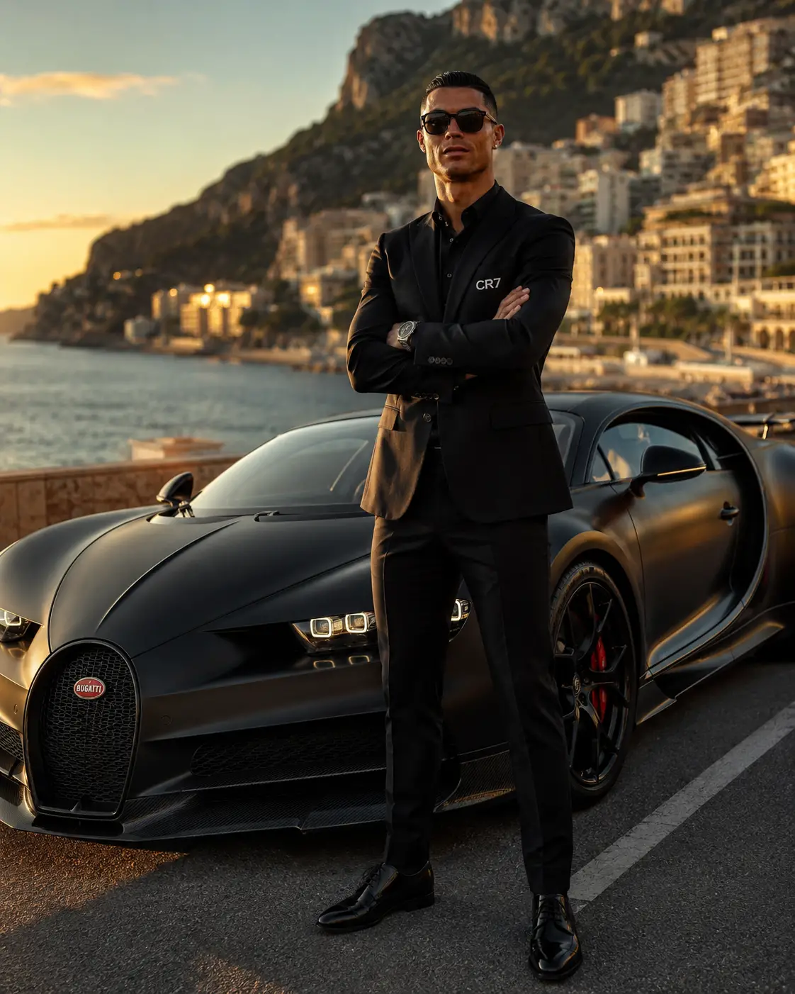 Man in black suit by matte black supercar at coast