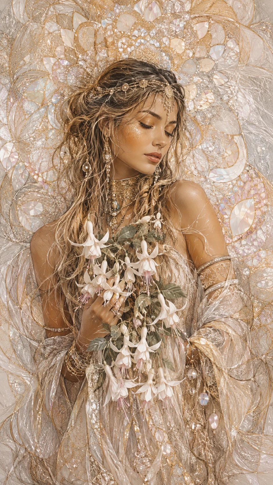 Mulher boho segurando flores brancas com brilhos dourados