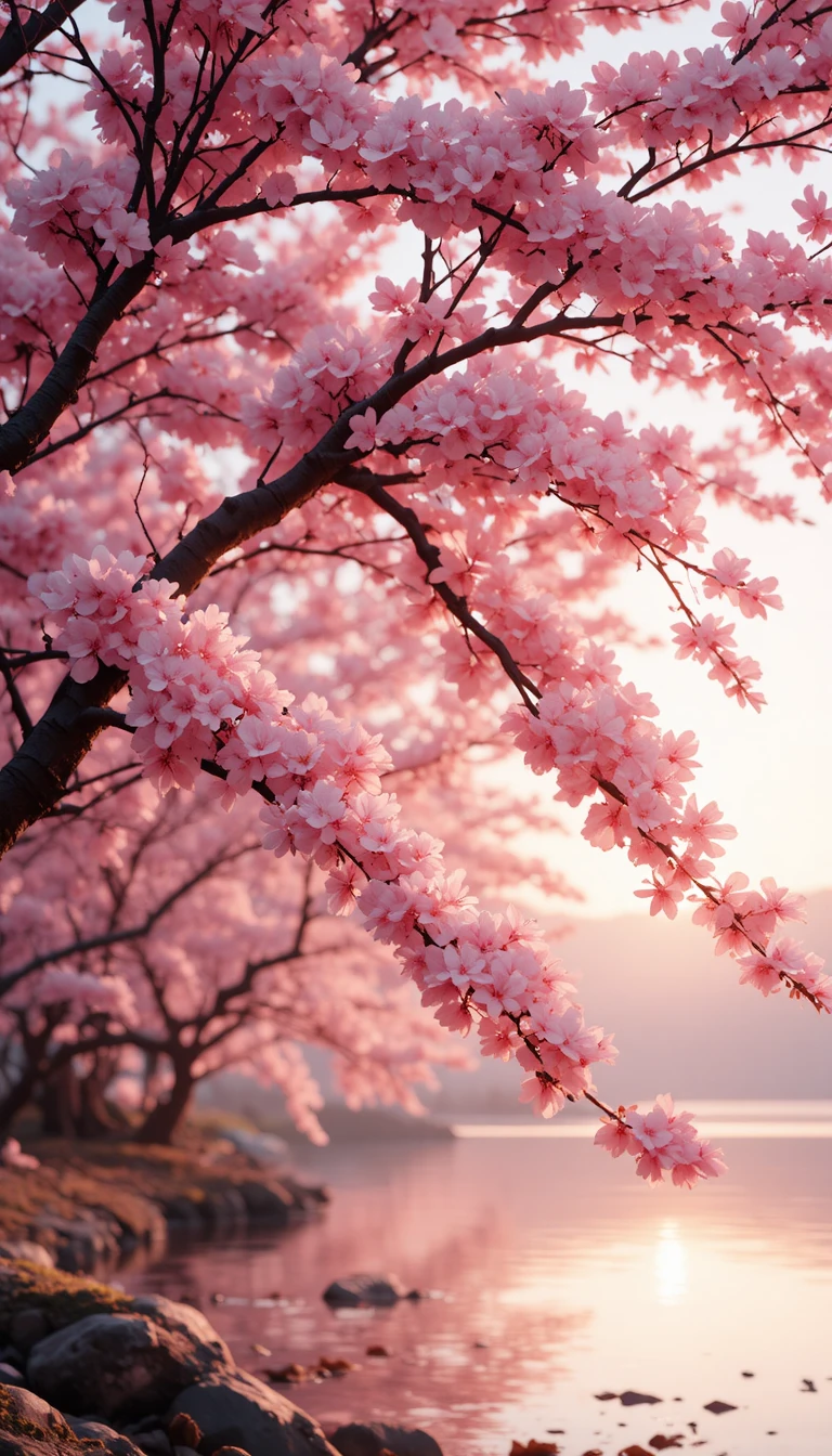 Cherry blossom branches framing a tranquil lakeside sunset