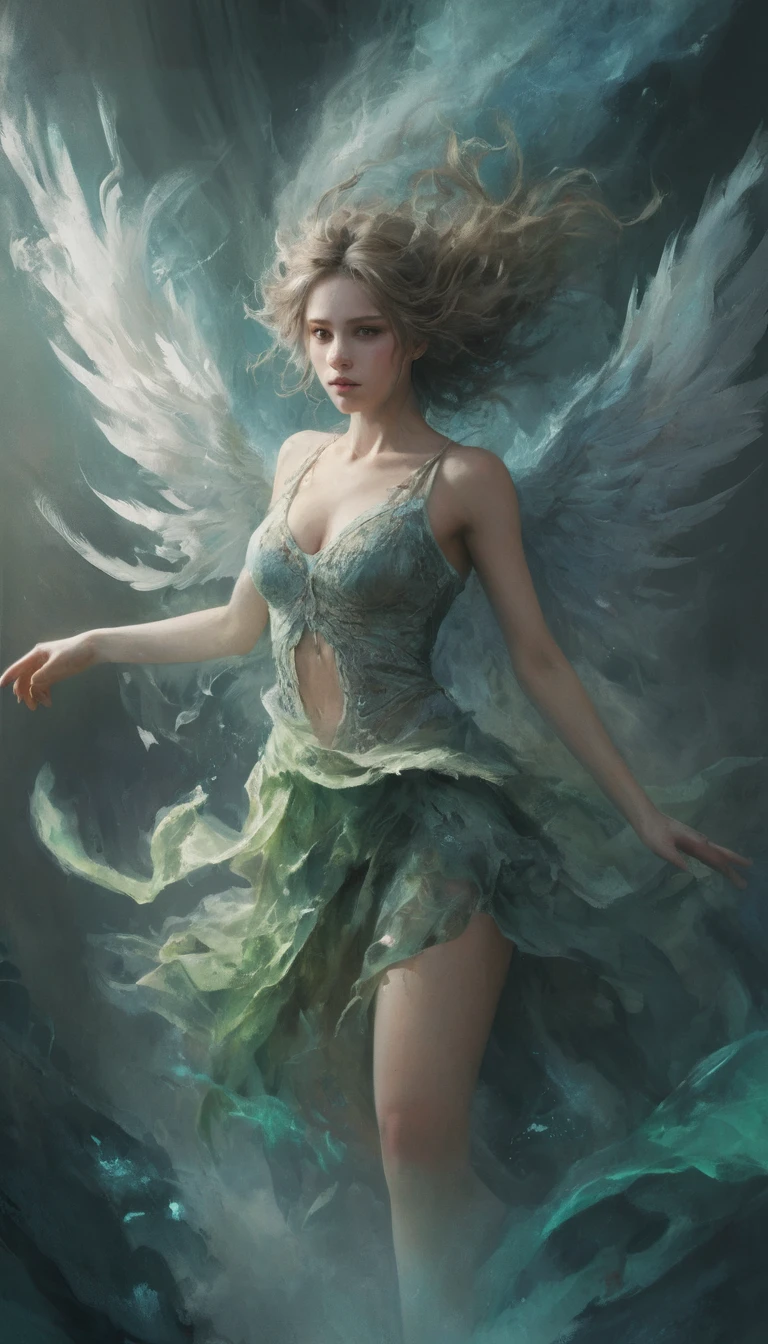 Spirito femminile verde trasparente che brilla tra fiamme surreali