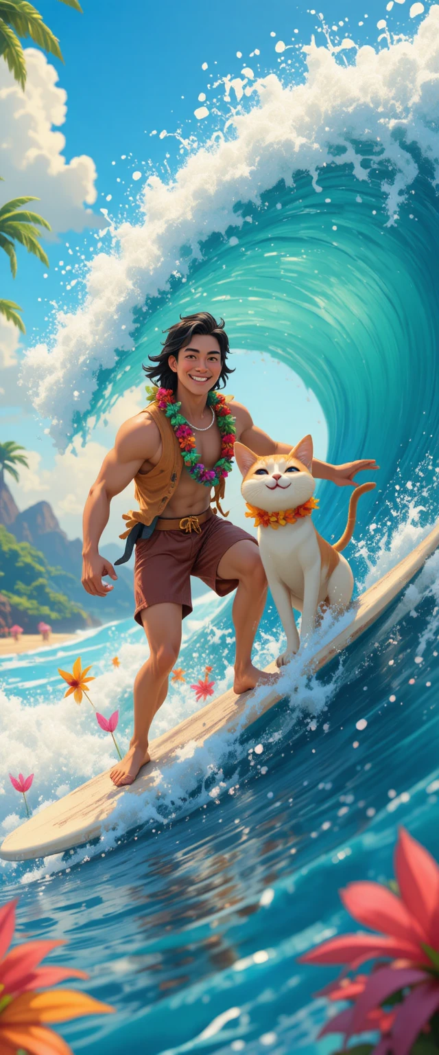 夏威夷衝浪手與他的貓一起駕馭巨浪