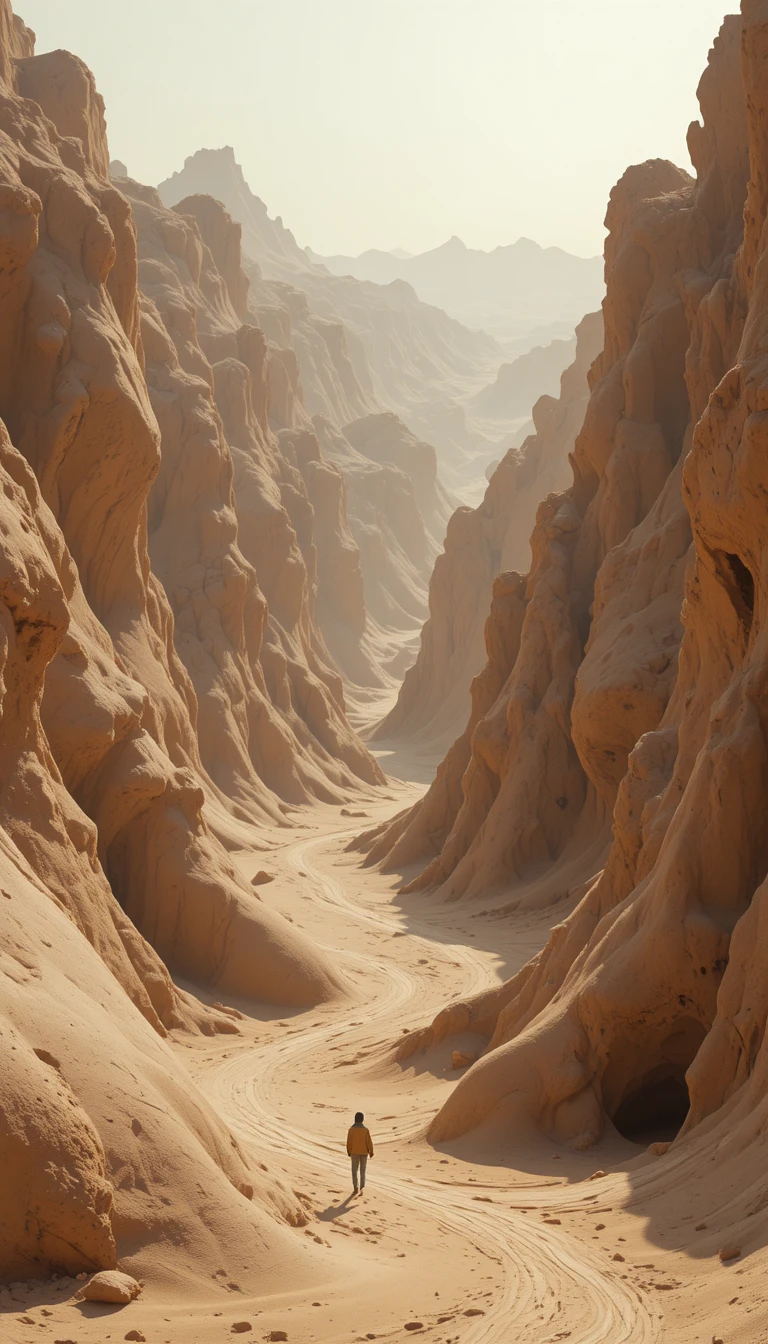 Figura solitaria che cammina in un canyon desertico di arenaria fluida