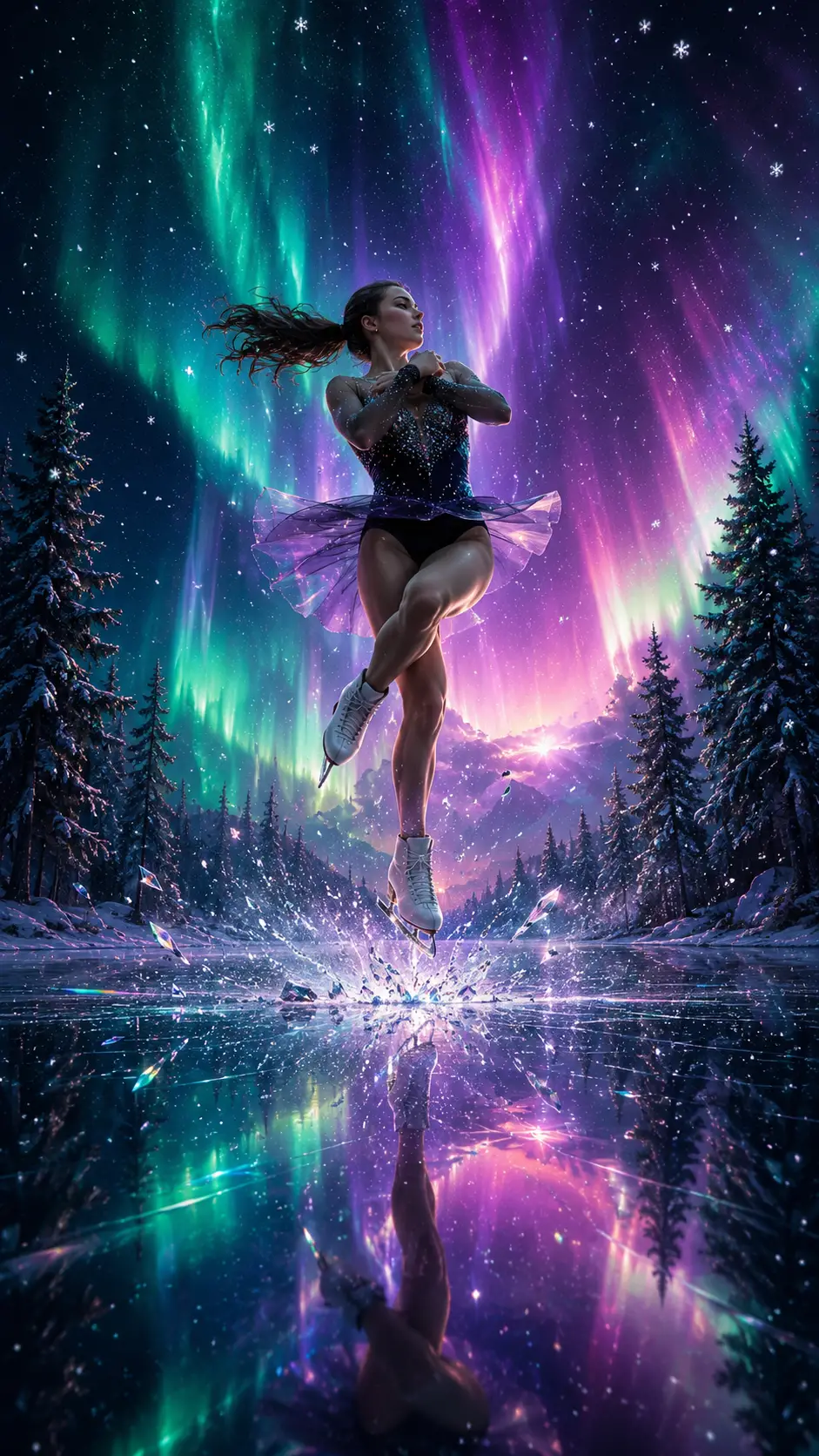Pattinatore su ghiaccio che salta sopra un lago ghiacciato illuminato dall’aurora