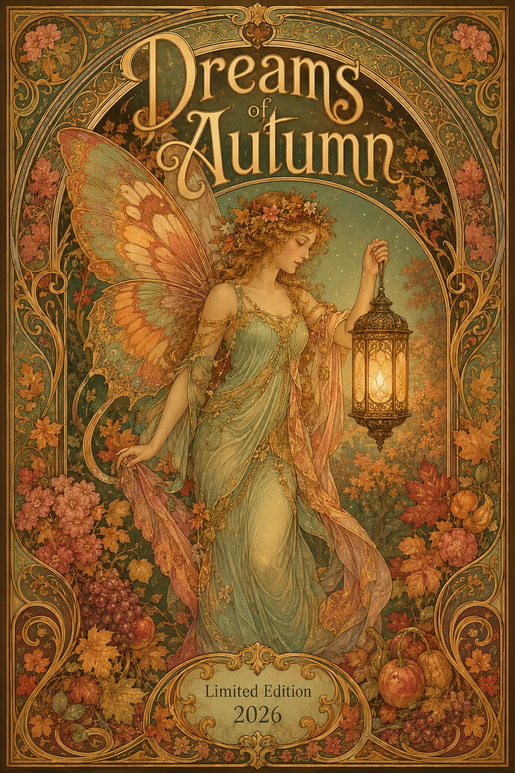Fada art nouveau com lanterna em pôster ornamentado de outono