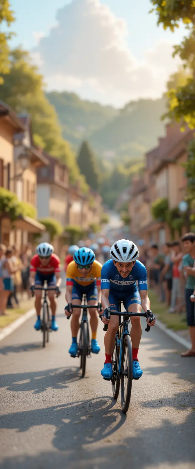 Clay cyclists racing through a charming French village street