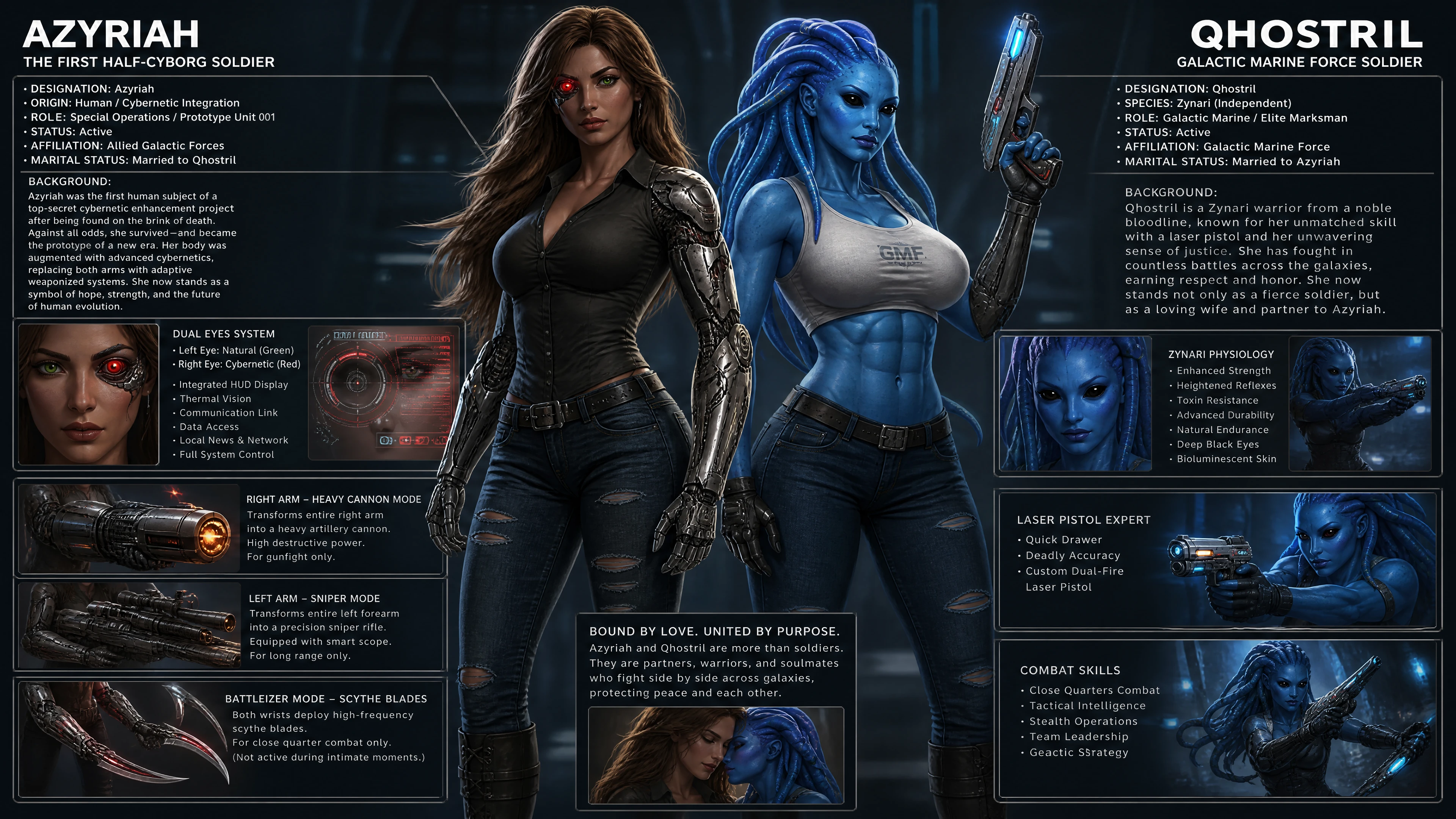 Half cyborg woman with mechanical arms and heterochromia