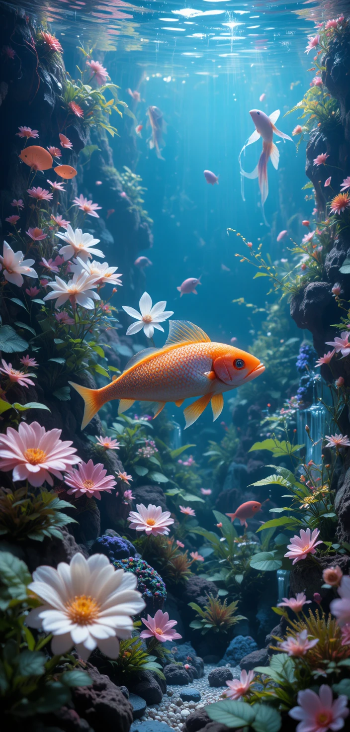 Stilles Aquarium mit Arowana-Fischen und üppigen Wasserpflanzen