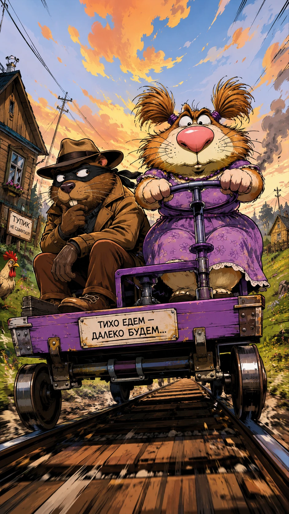 Castor e gato em desenho animado em um carrinho roxo nos trilhos