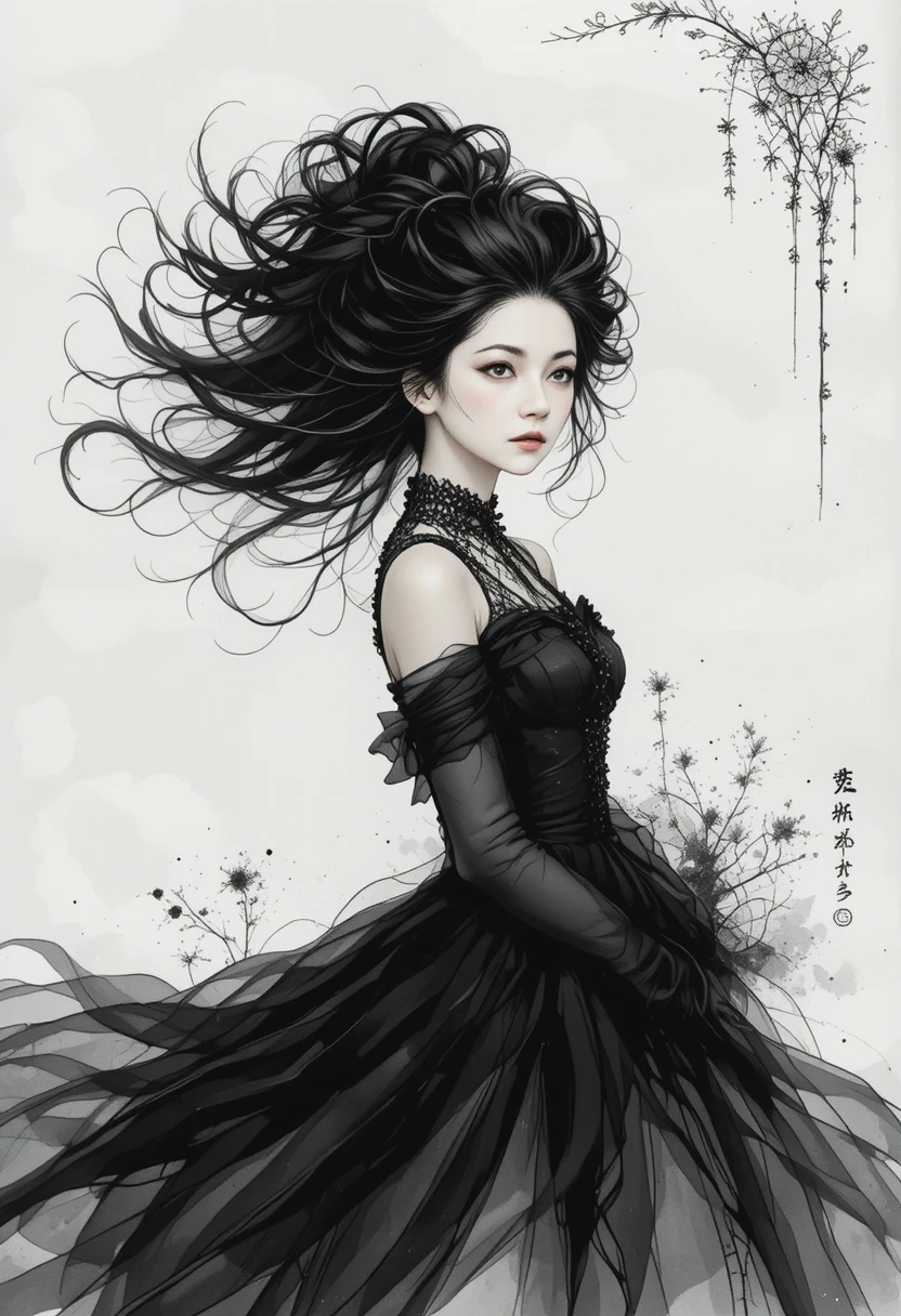 Mulher gótica elegante em desenho a tinta sobre fundo branco