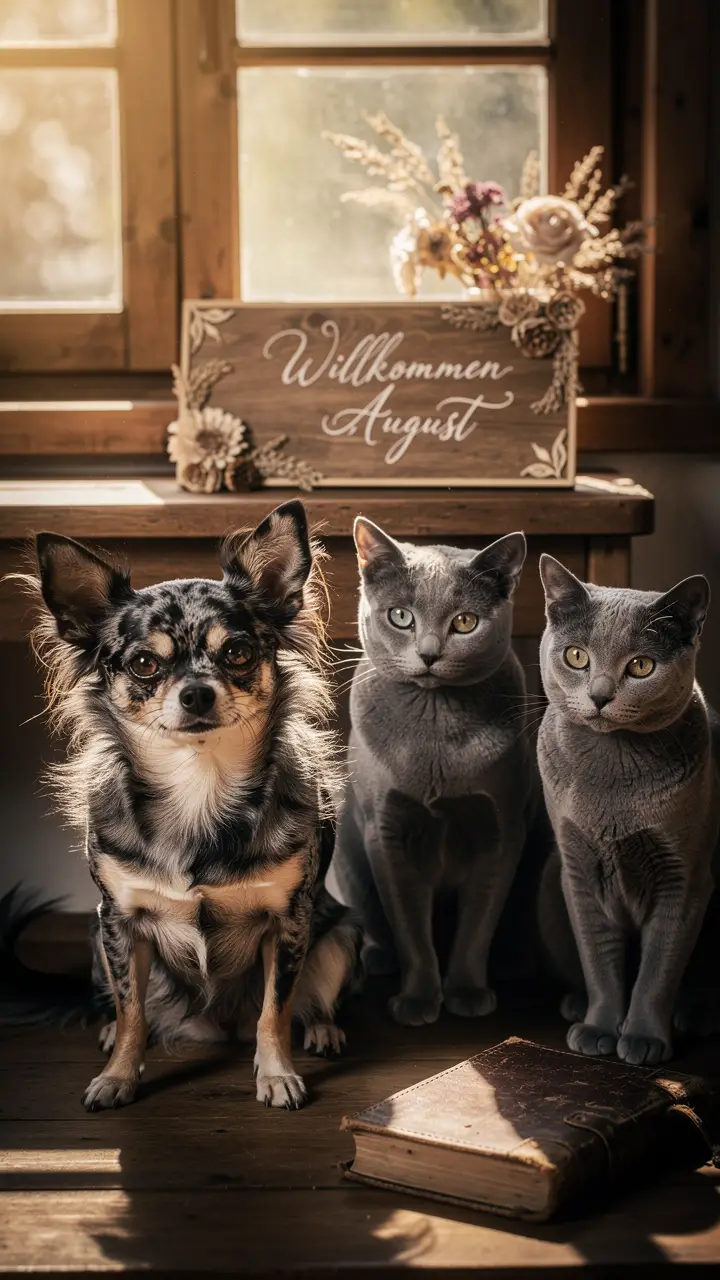 Chihuahua And British Shorthair Cats In Warm Summer Light