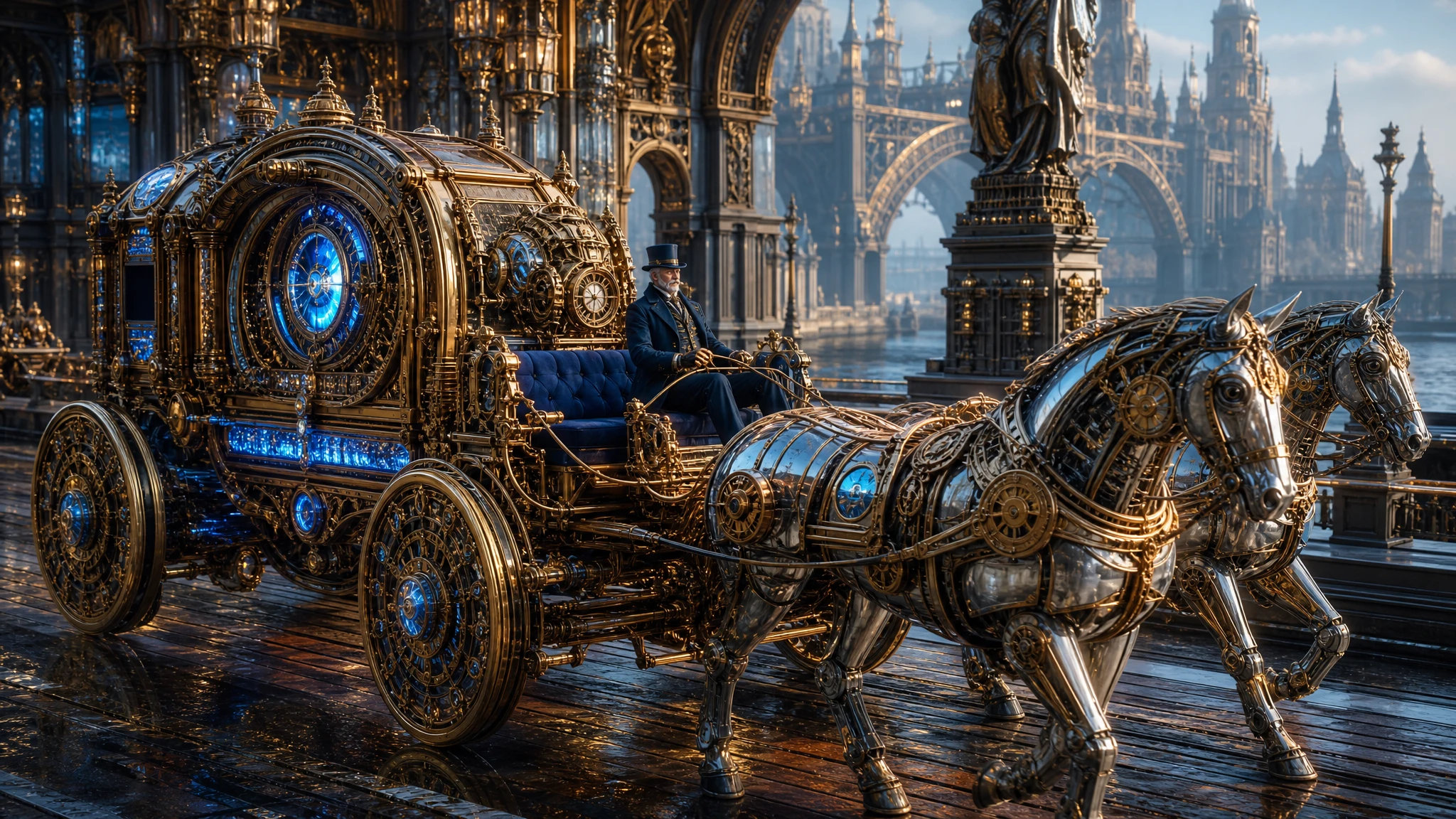 Carruagem futurista de relógio com cavalos mecânicos à beira do rio