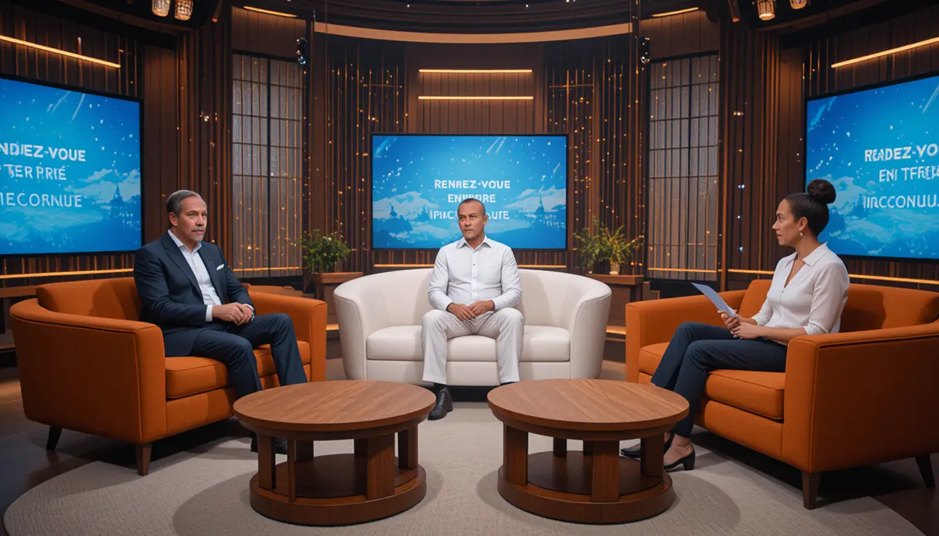 Escenario de programa de entrevistas de televisión con tres presentadores en conversación