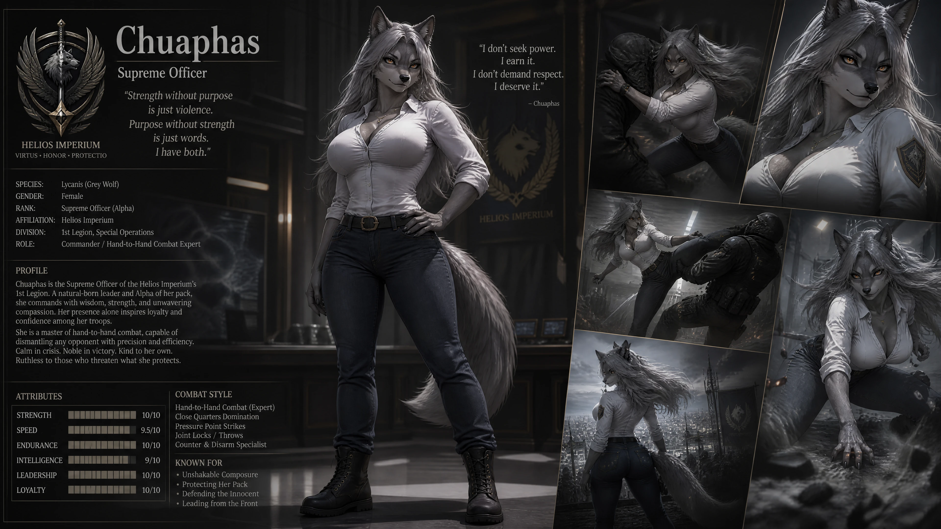 Calm female lycanthrope officer in casual modern outfit
