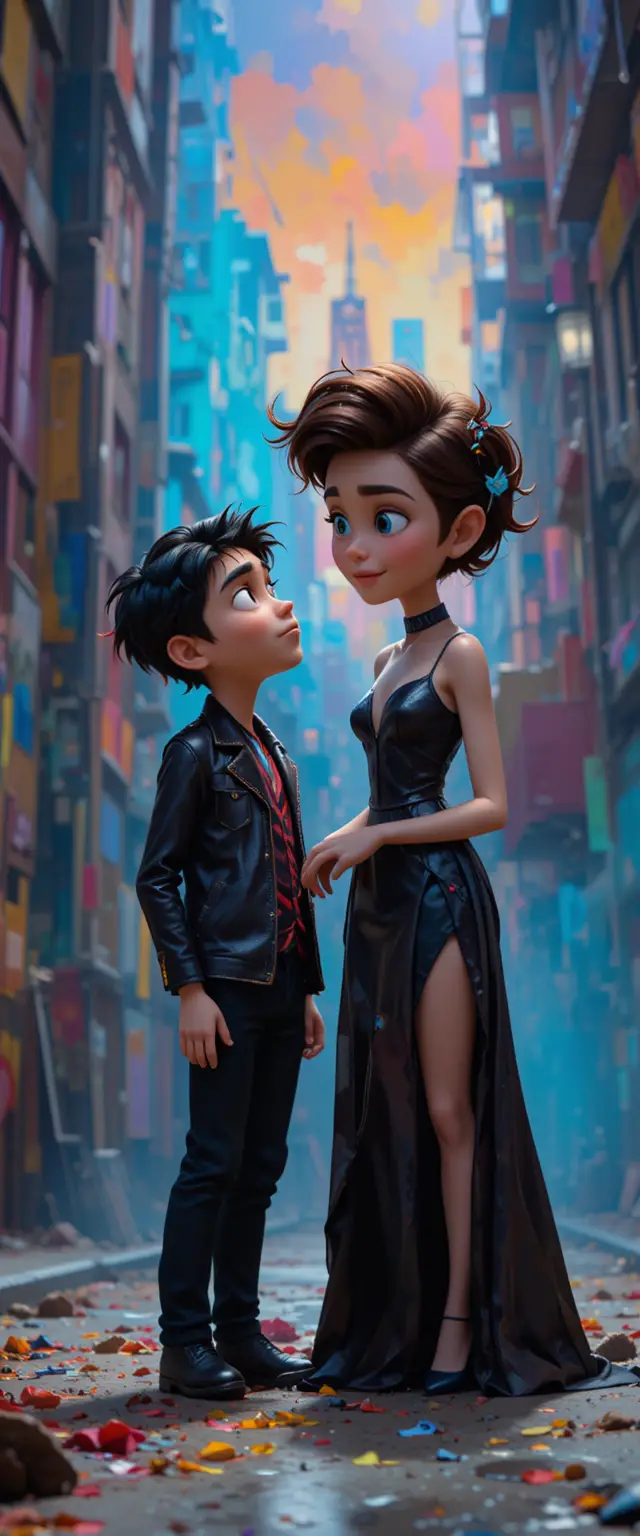 Pixar style young man facing intense artist mentor