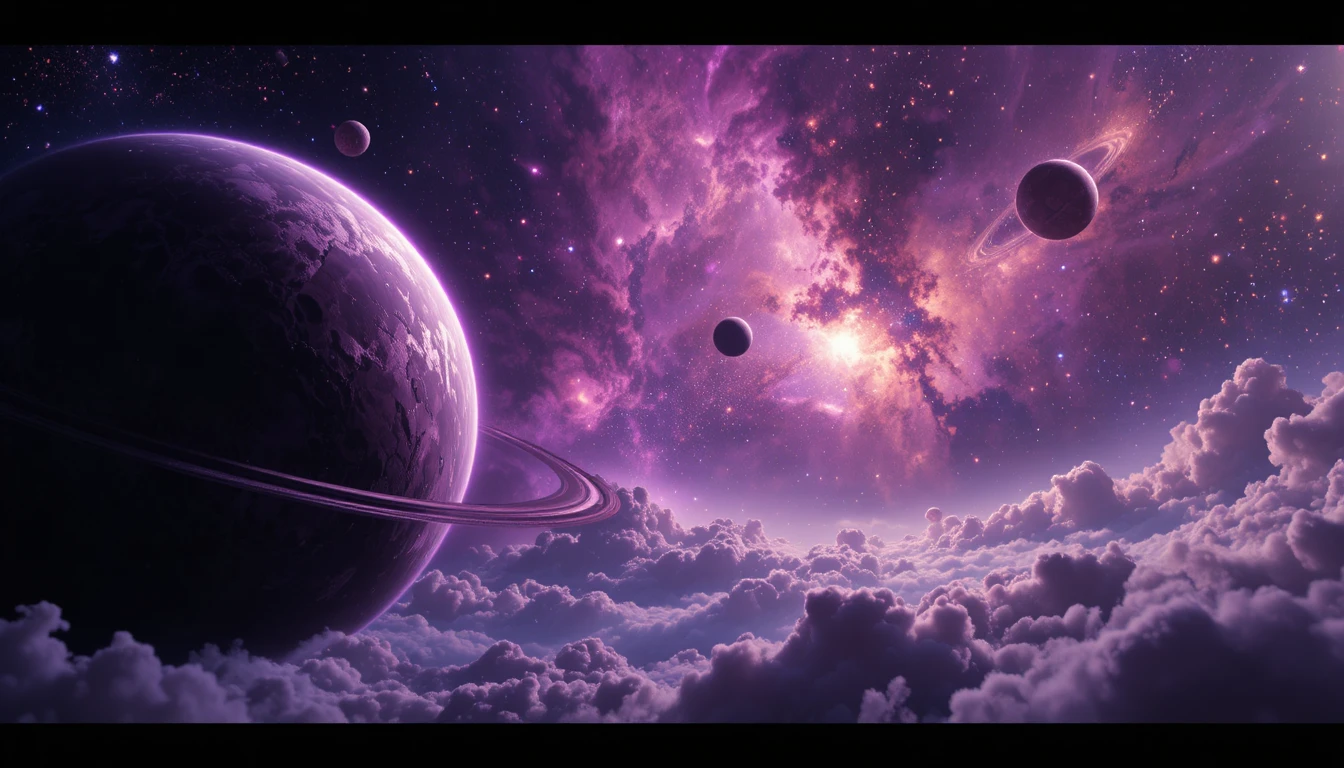 發光繽紛星雲前的巨大環狀行星