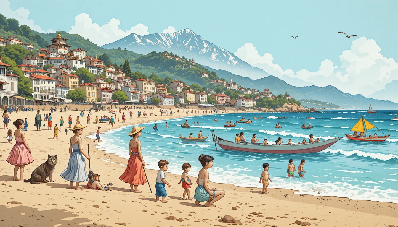 카트만두에서 영감을 받은 손그림 고양이와 해변 장면 일러스트
