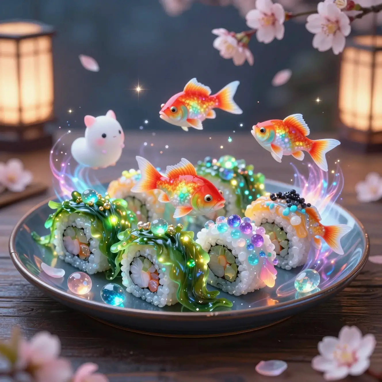 Magical sushi platter with glowing gemstones and spirits