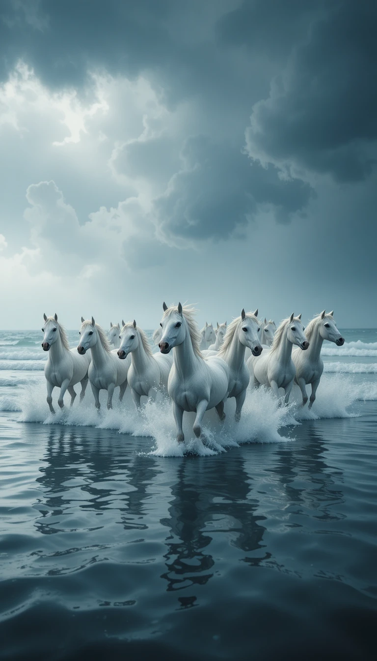 Cavalos brancos galopando sobre um mar tempestuoso