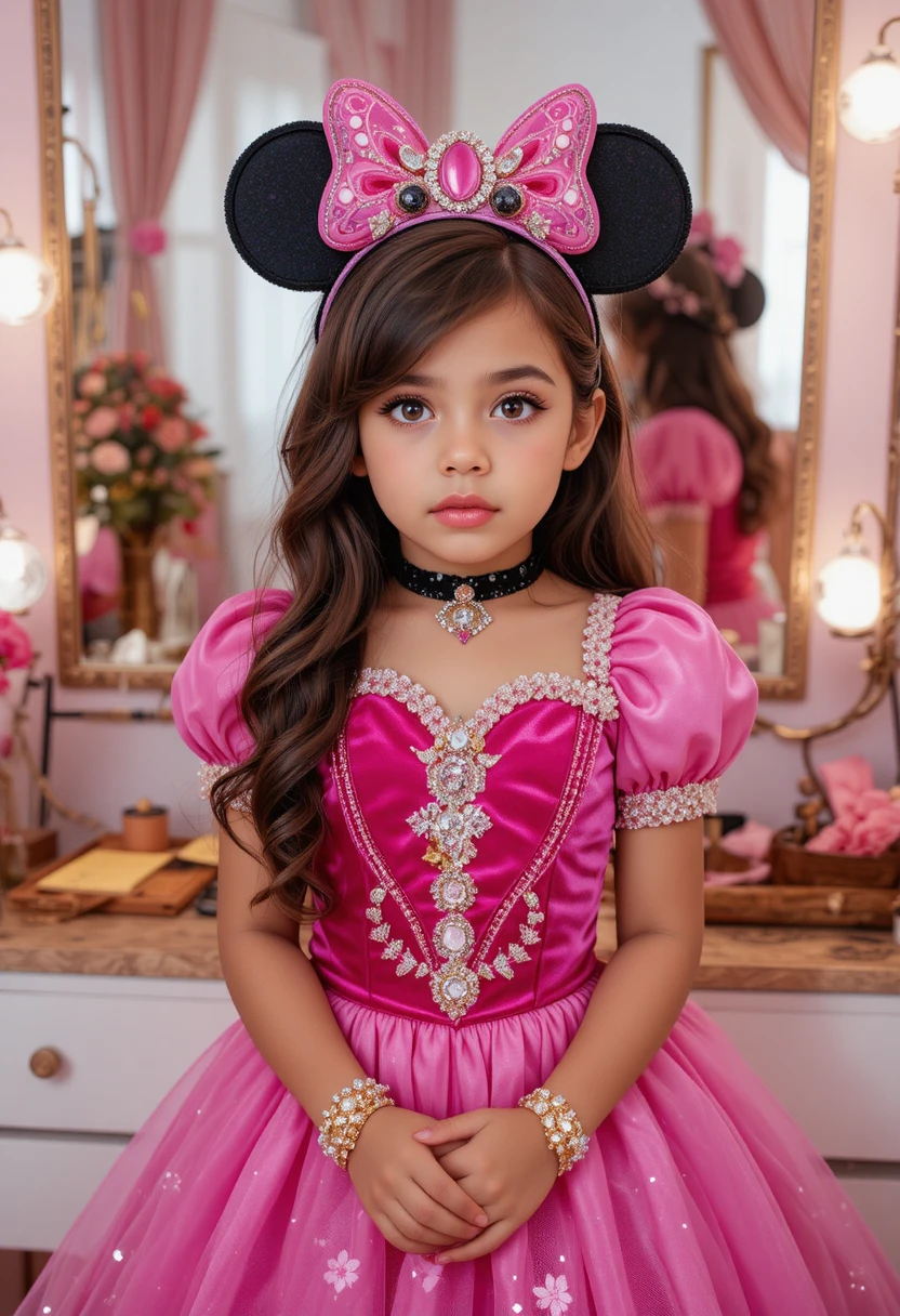 Menino hispânico com fantasia de princesa Minnie diante da penteadeira