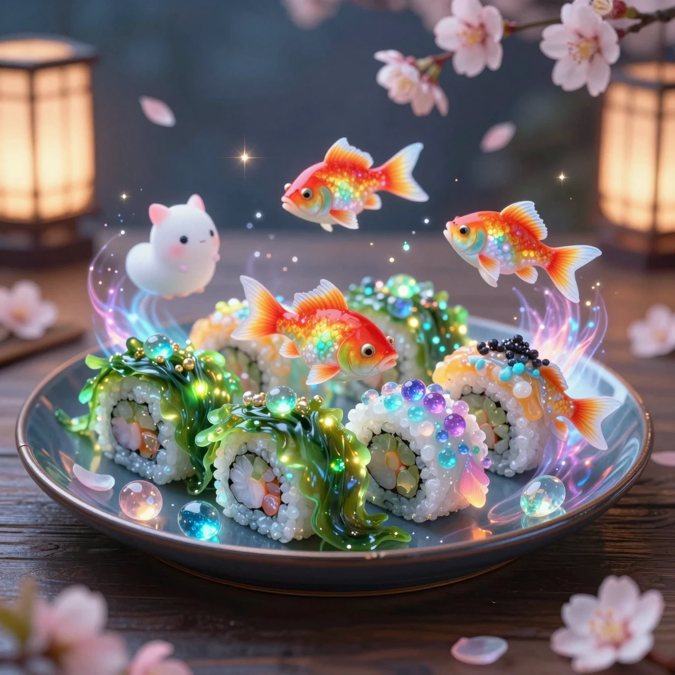 Bandeja de sushi mágica com gemas brilhantes e espíritos