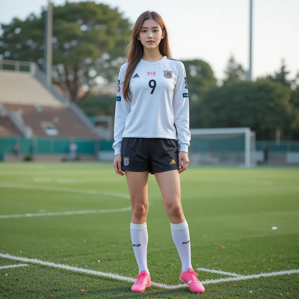 Junge Südkoreanerin im Fußballtrikot auf dem Spielfeld