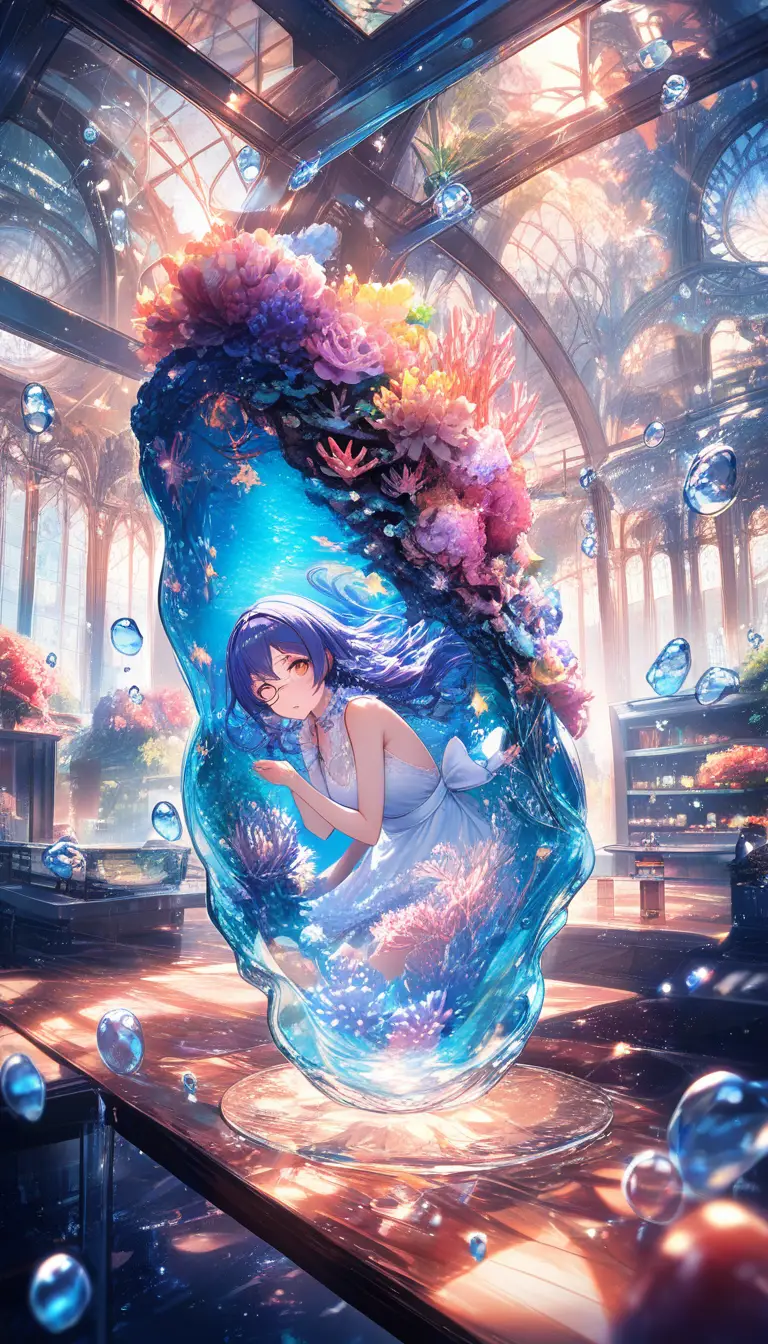 Süßes Anime-Mädchen in einer Unterwasser-Kochprüfungshalle