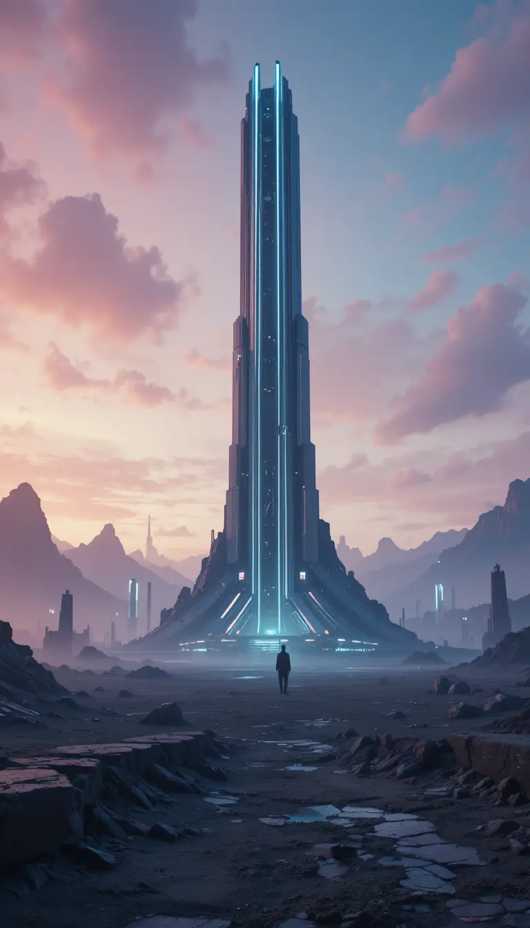 Torri sci-fi futuristiche in un solitario paesaggio alieno