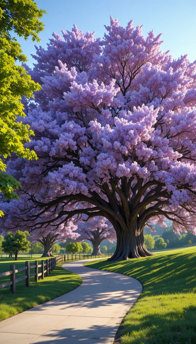 Lavender Flowering Tree Arching Over Sunlit Park Path