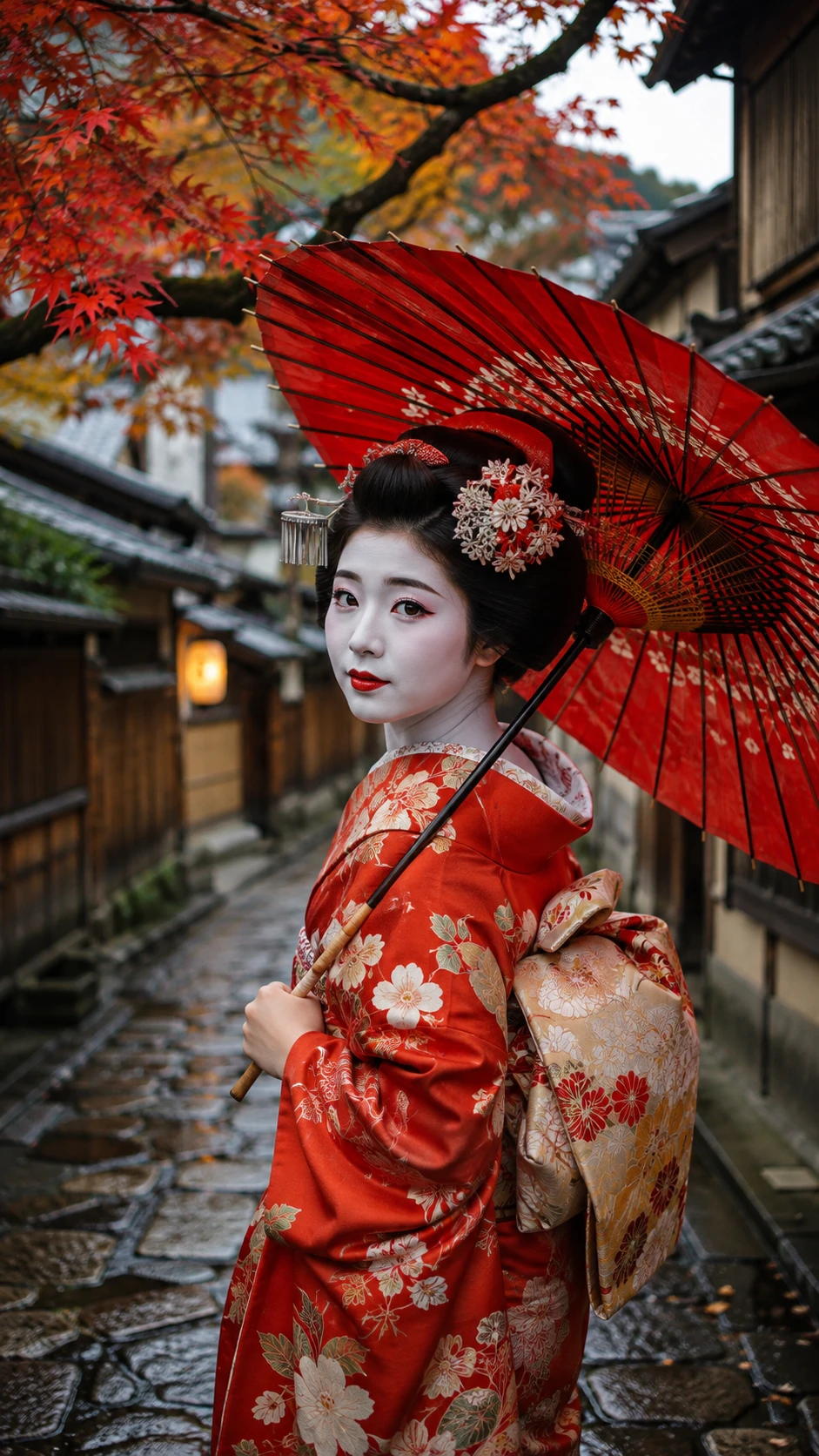 Japanisches Geisha-Porträt in einer historischen Straße in Kyoto